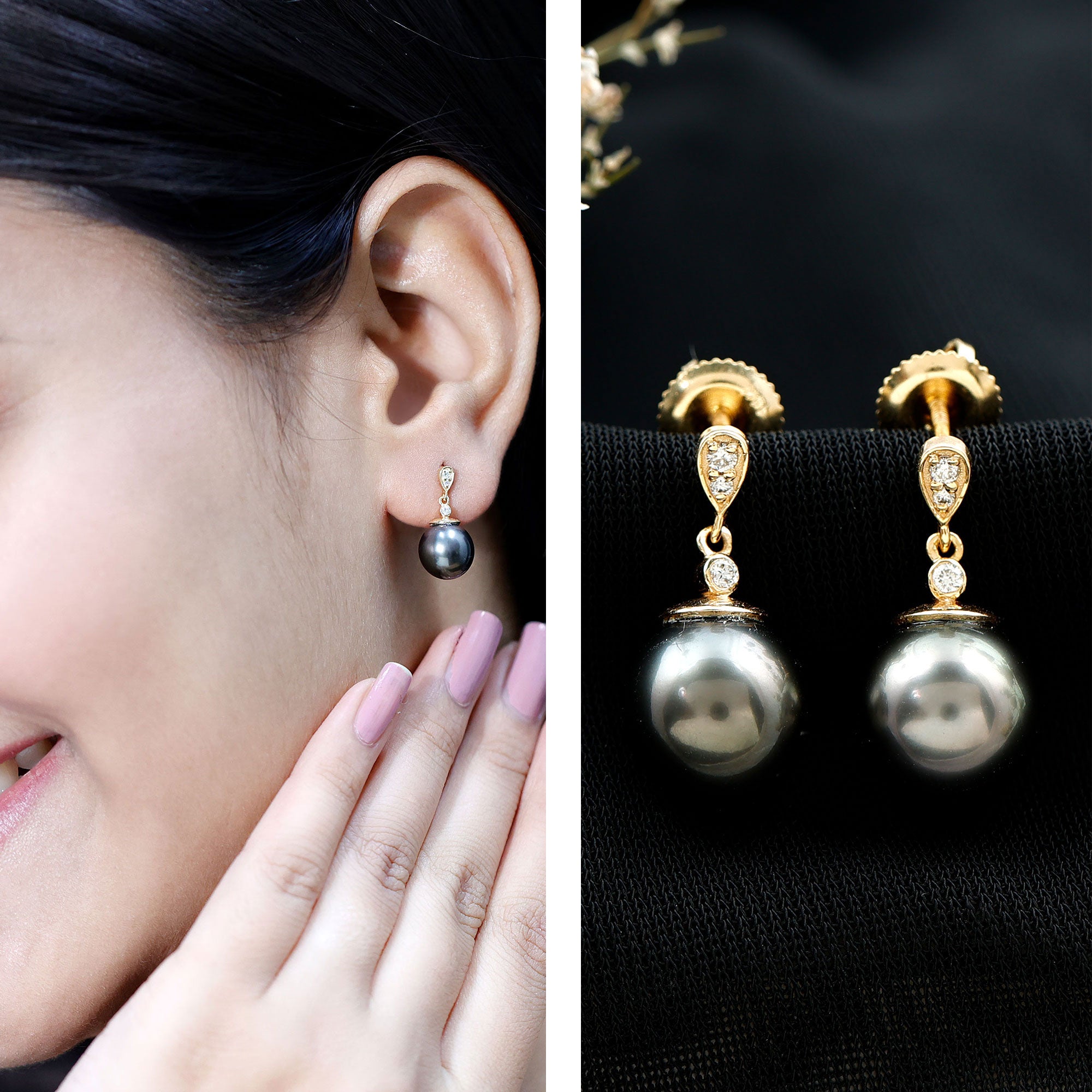 8MM Tahitian Pearl Drop Earrings with Diamond AAA - Rosec Jewels