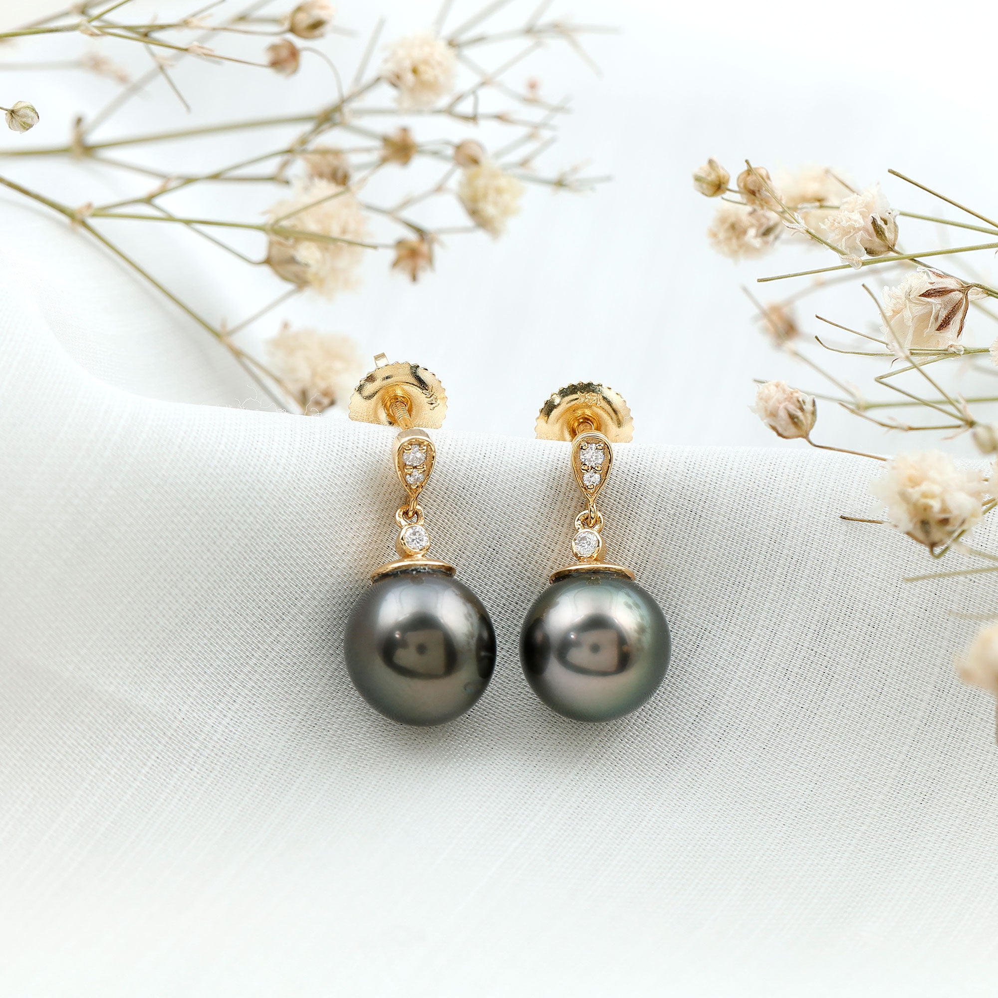 8MM Tahitian Pearl Drop Earrings with Diamond AAA - Rosec Jewels