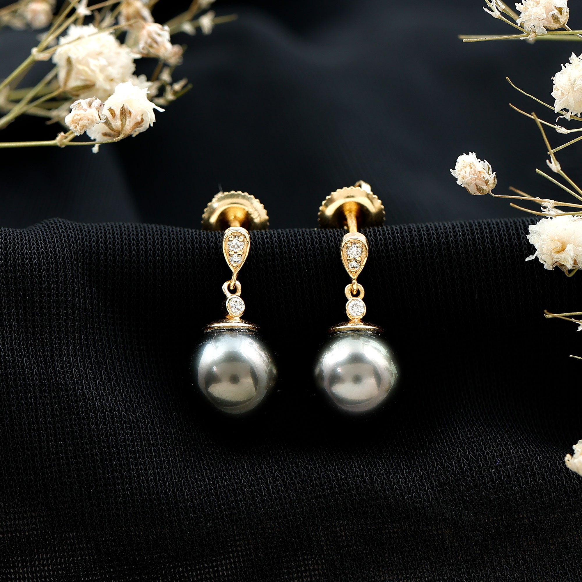 8MM Tahitian Pearl Drop Earrings with Diamond AAA - Rosec Jewels
