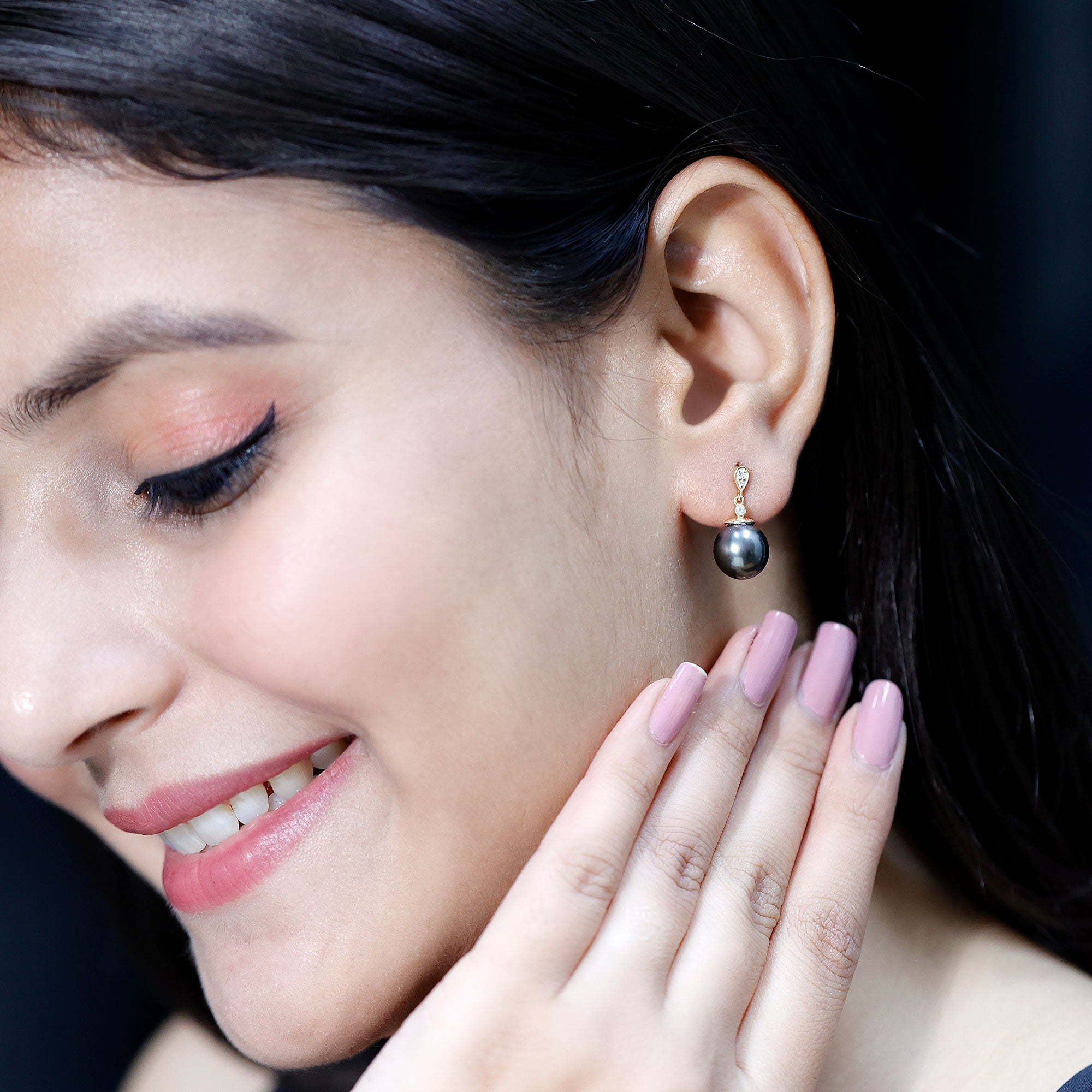 8MM Tahitian Pearl Drop Earrings with Diamond AAA - Rosec Jewels