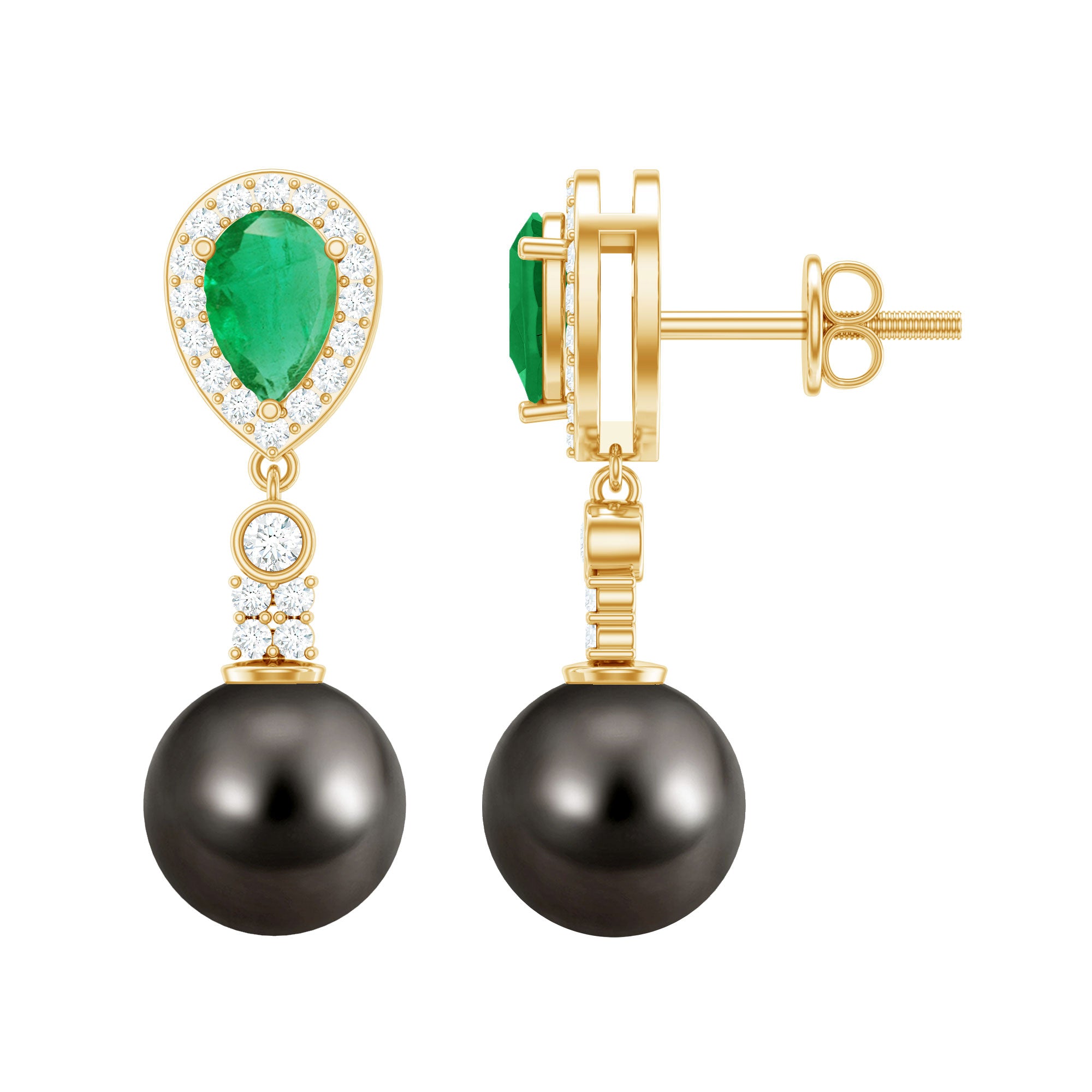 Genuine Black Pearl Wedding Earrings with Emerald and Diamond AAA - Rosec Jewels
