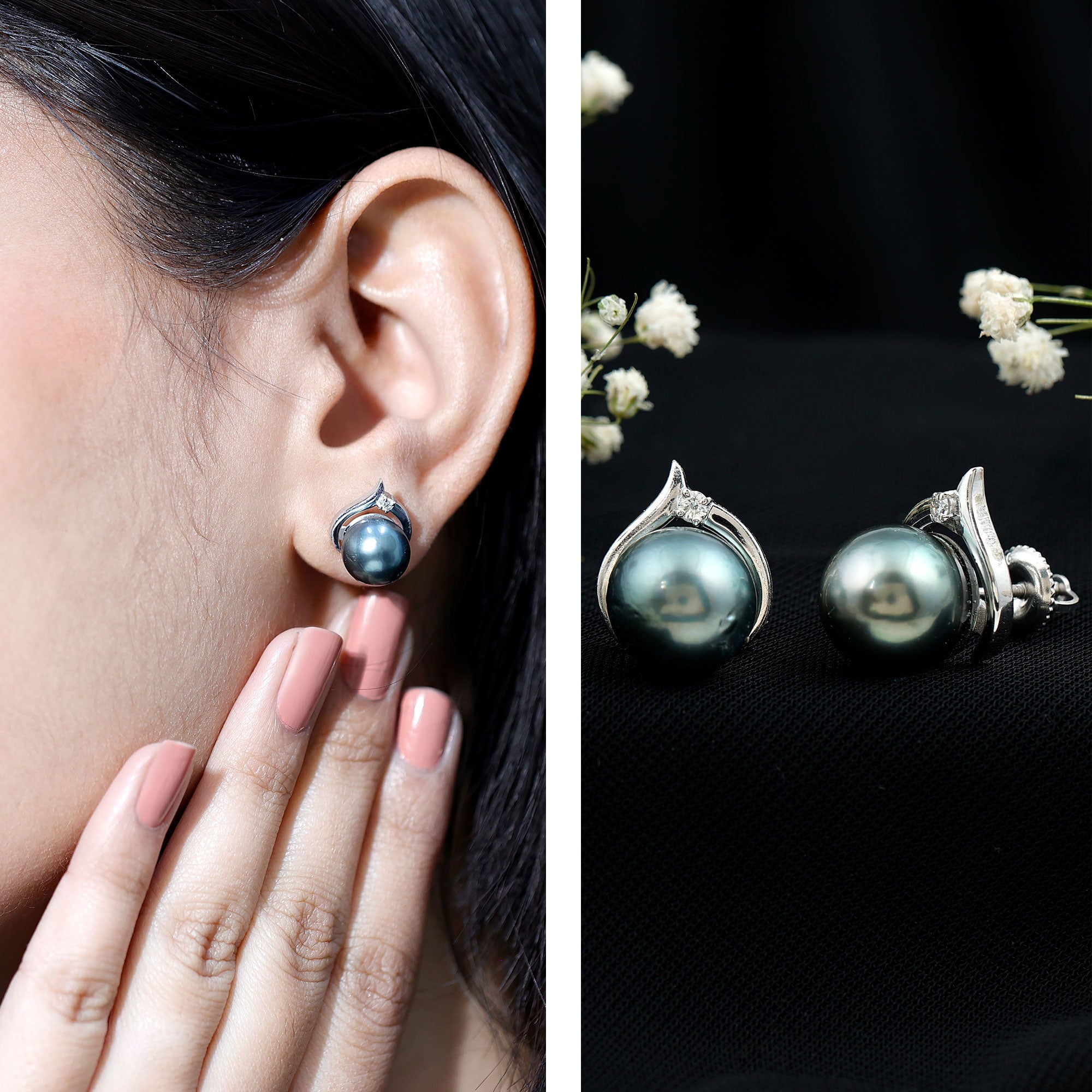 Cultured 15 Carat Tahitian Pearl Bridal Stud Earrings with Diamond AAA - Rosec Jewels