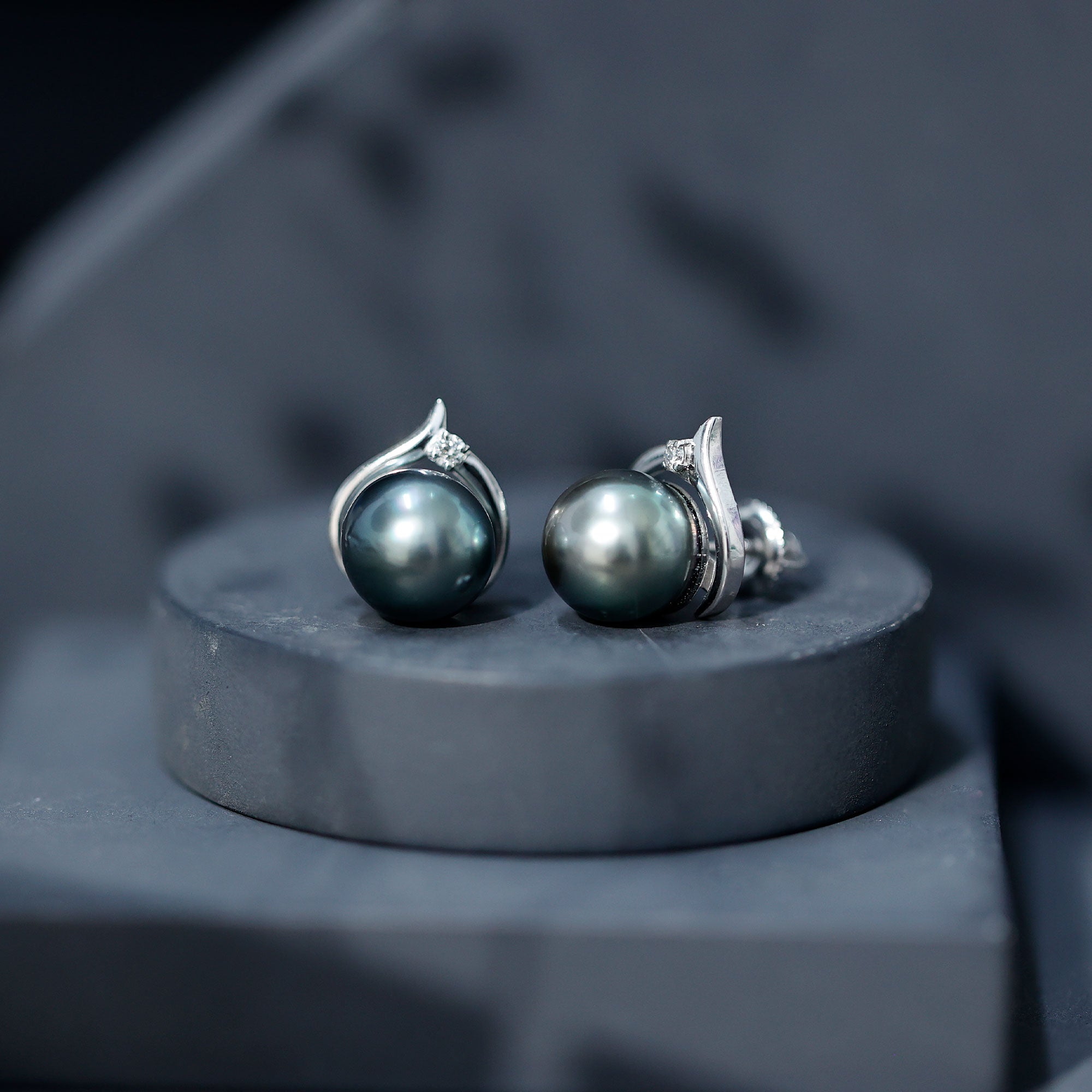 Cultured 15 Carat Tahitian Pearl Bridal Stud Earrings with Diamond AAA - Rosec Jewels