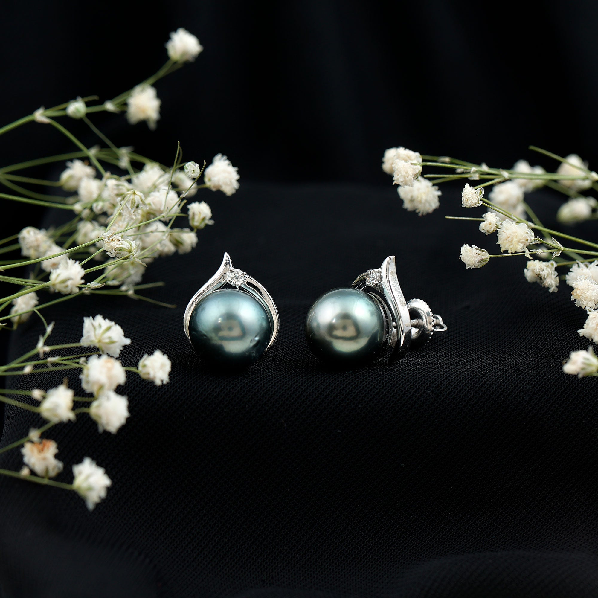 Cultured 15 Carat Tahitian Pearl Bridal Stud Earrings with Diamond AAA - Rosec Jewels