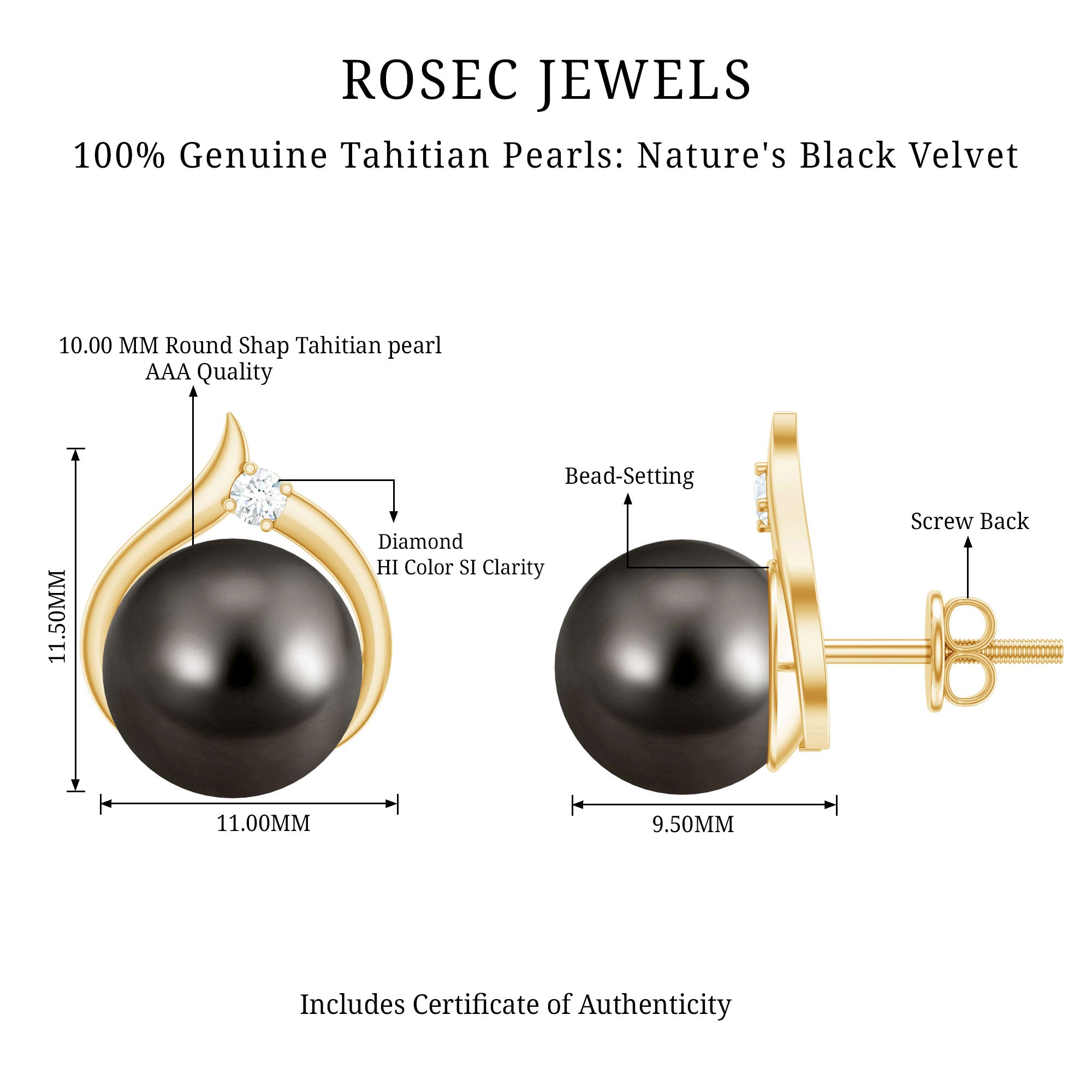 Cultured 15 Carat Tahitian Pearl Bridal Stud Earrings with Diamond AAA - Rosec Jewels
