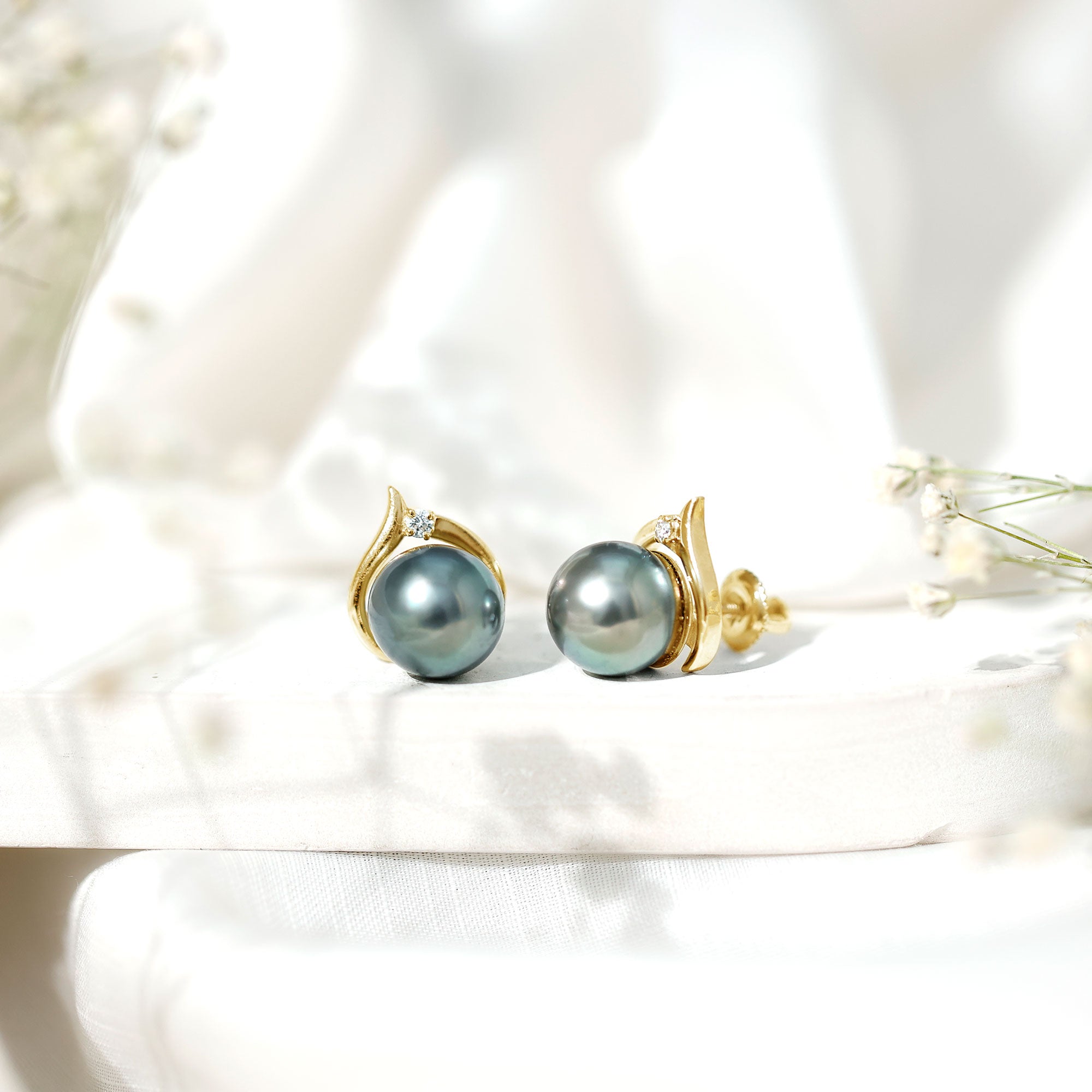 Cultured 15 Carat Tahitian Pearl Bridal Stud Earrings with Diamond AAA - Rosec Jewels