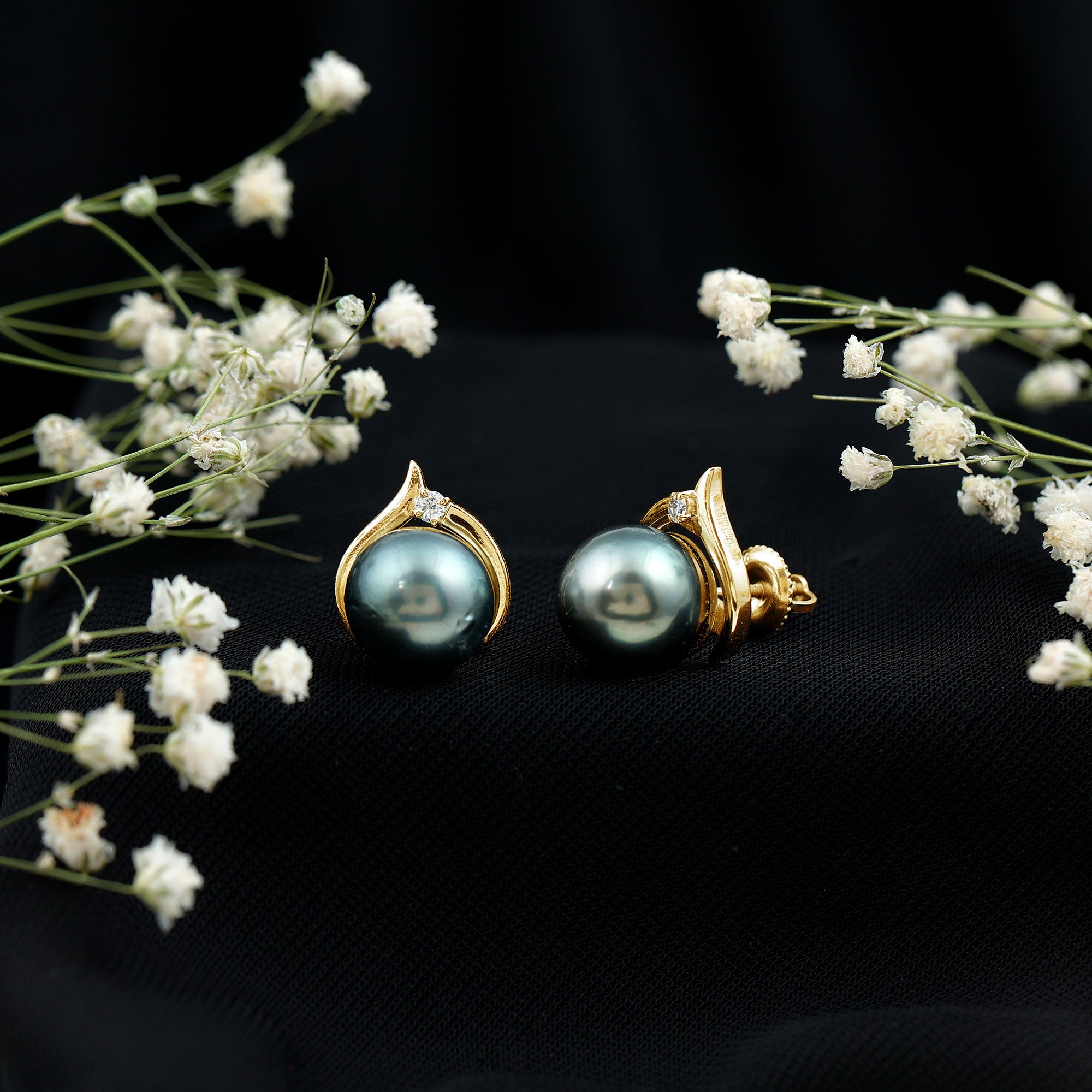 Cultured 15 Carat Tahitian Pearl Bridal Stud Earrings with Diamond AAA - Rosec Jewels