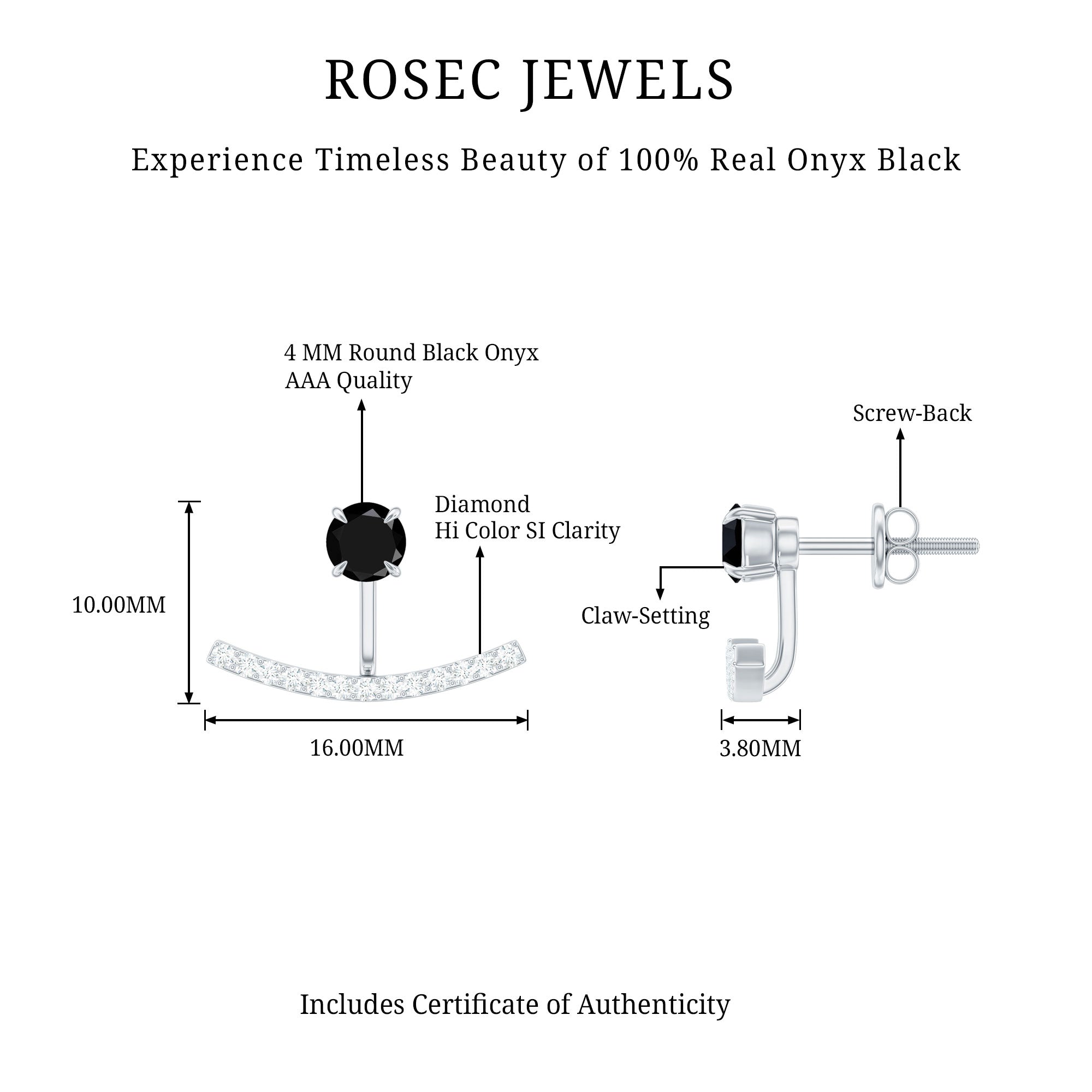 Round Black Onyx Front Back Earrings with Diamond AAA - Rosec Jewels