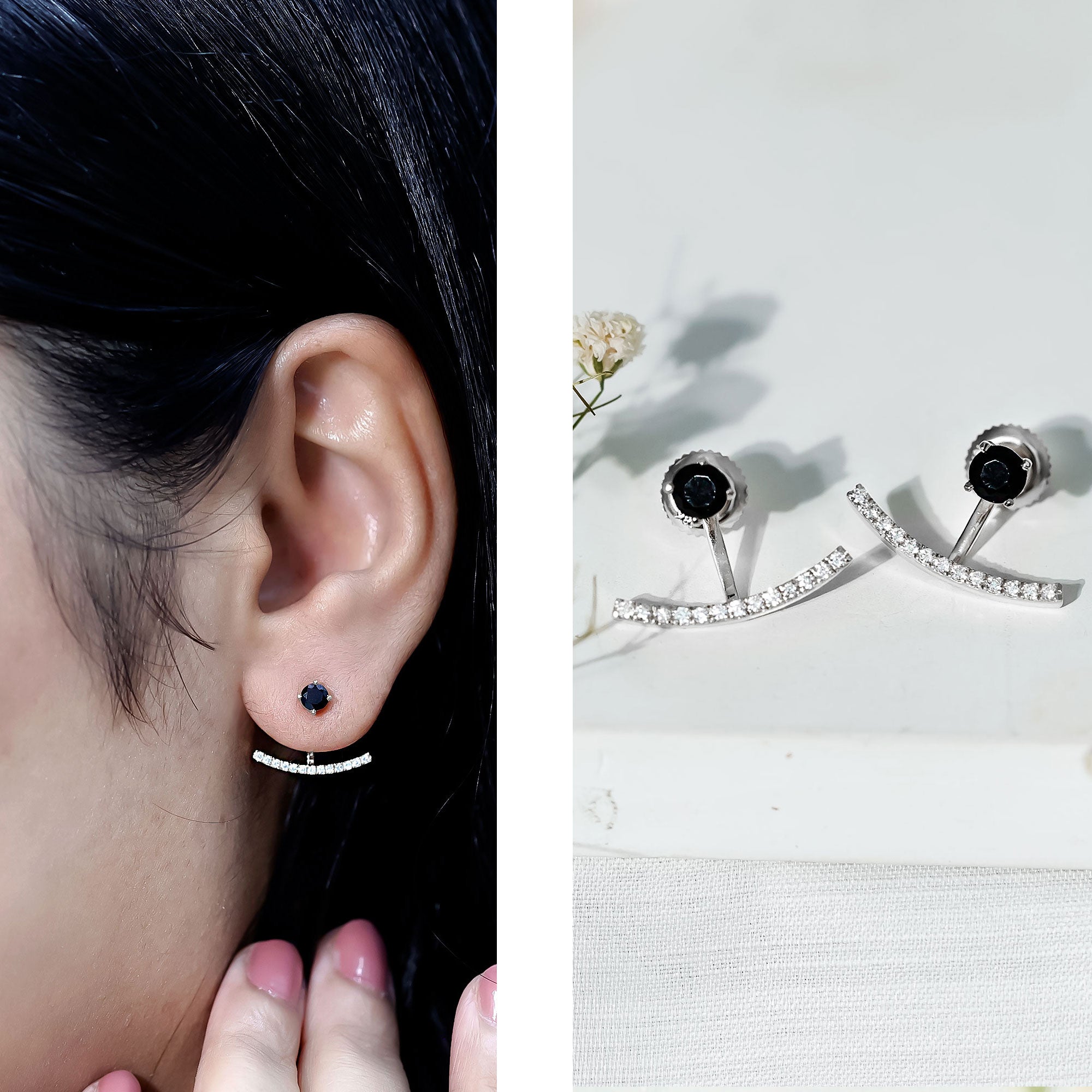 Round Black Onyx Front Back Earrings with Diamond AAA - Rosec Jewels