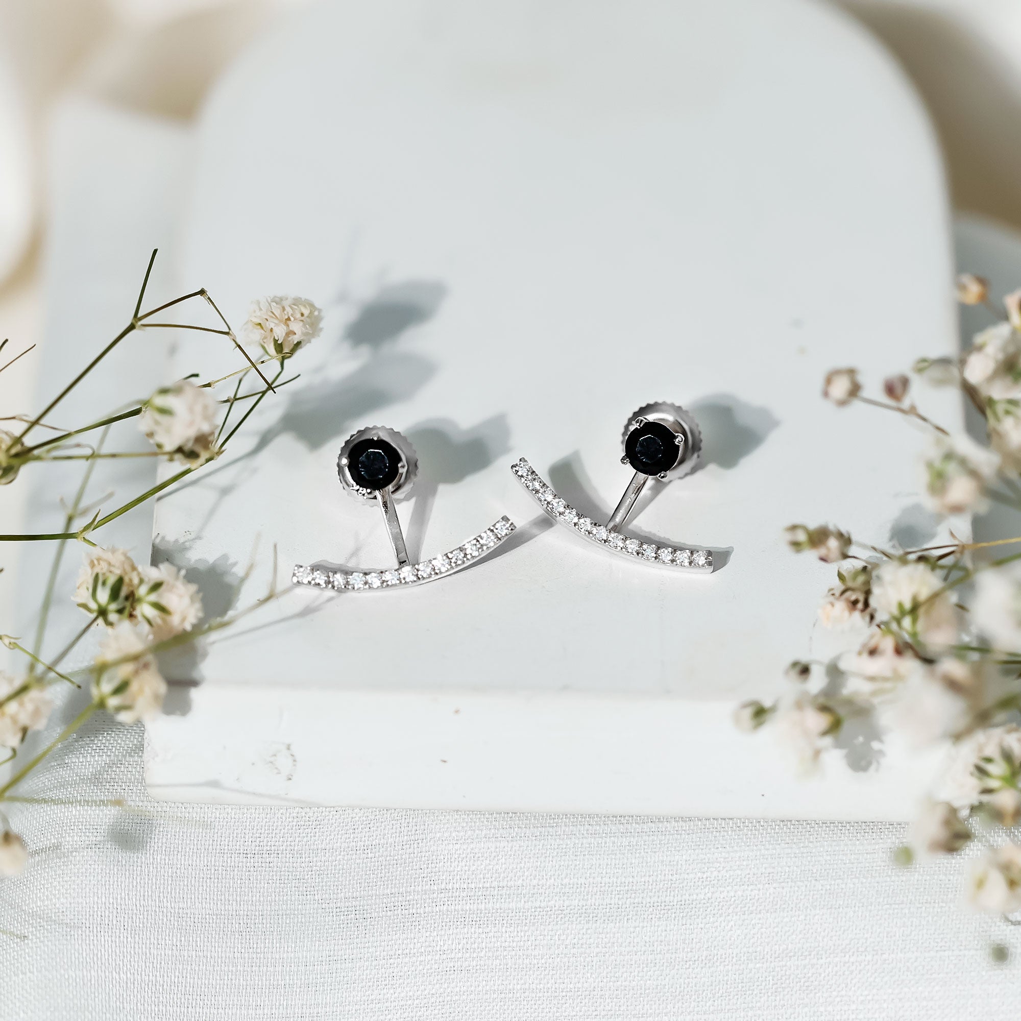 Round Black Onyx Front Back Earrings with Diamond AAA - Rosec Jewels
