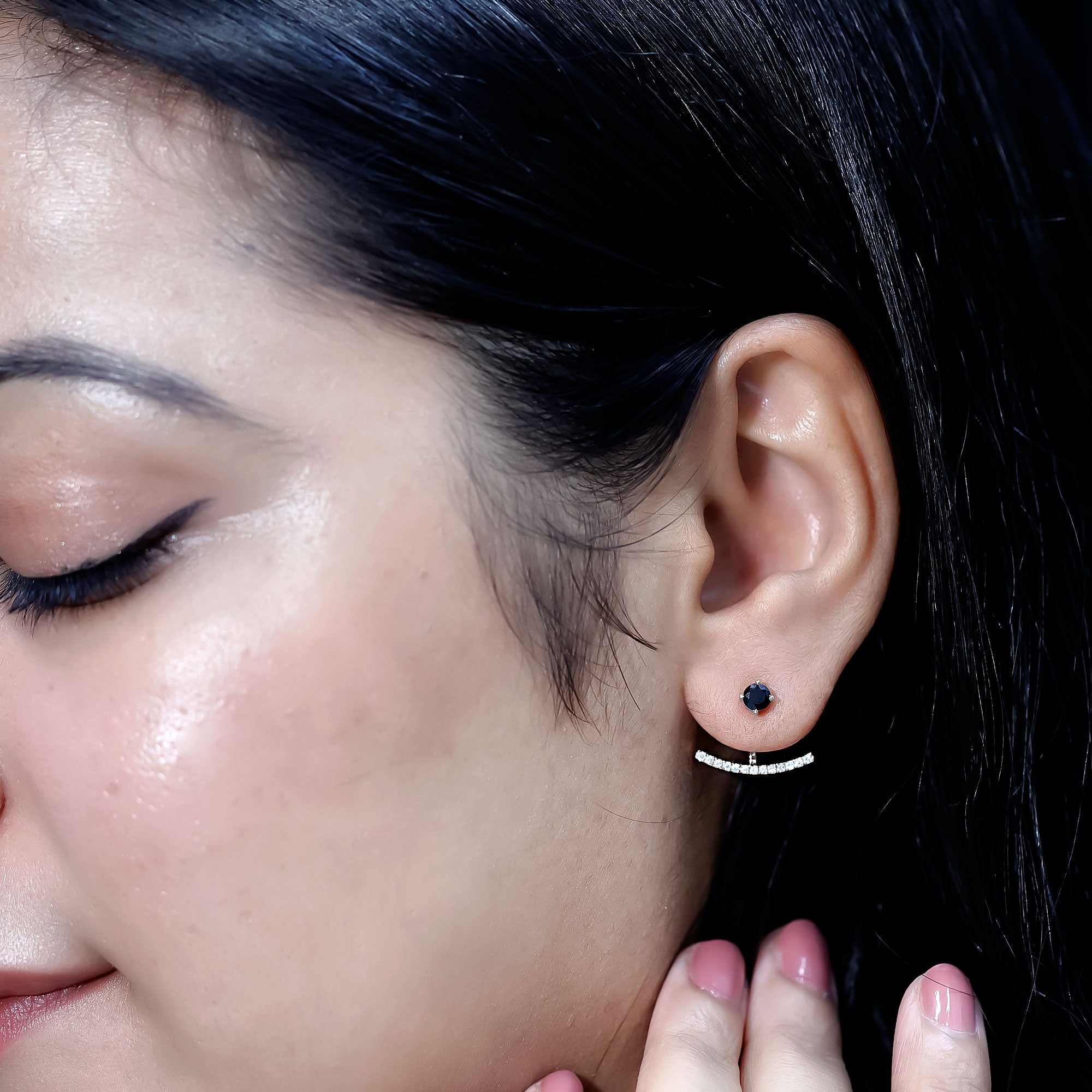 Round Black Onyx Front Back Earrings with Diamond AAA - Rosec Jewels