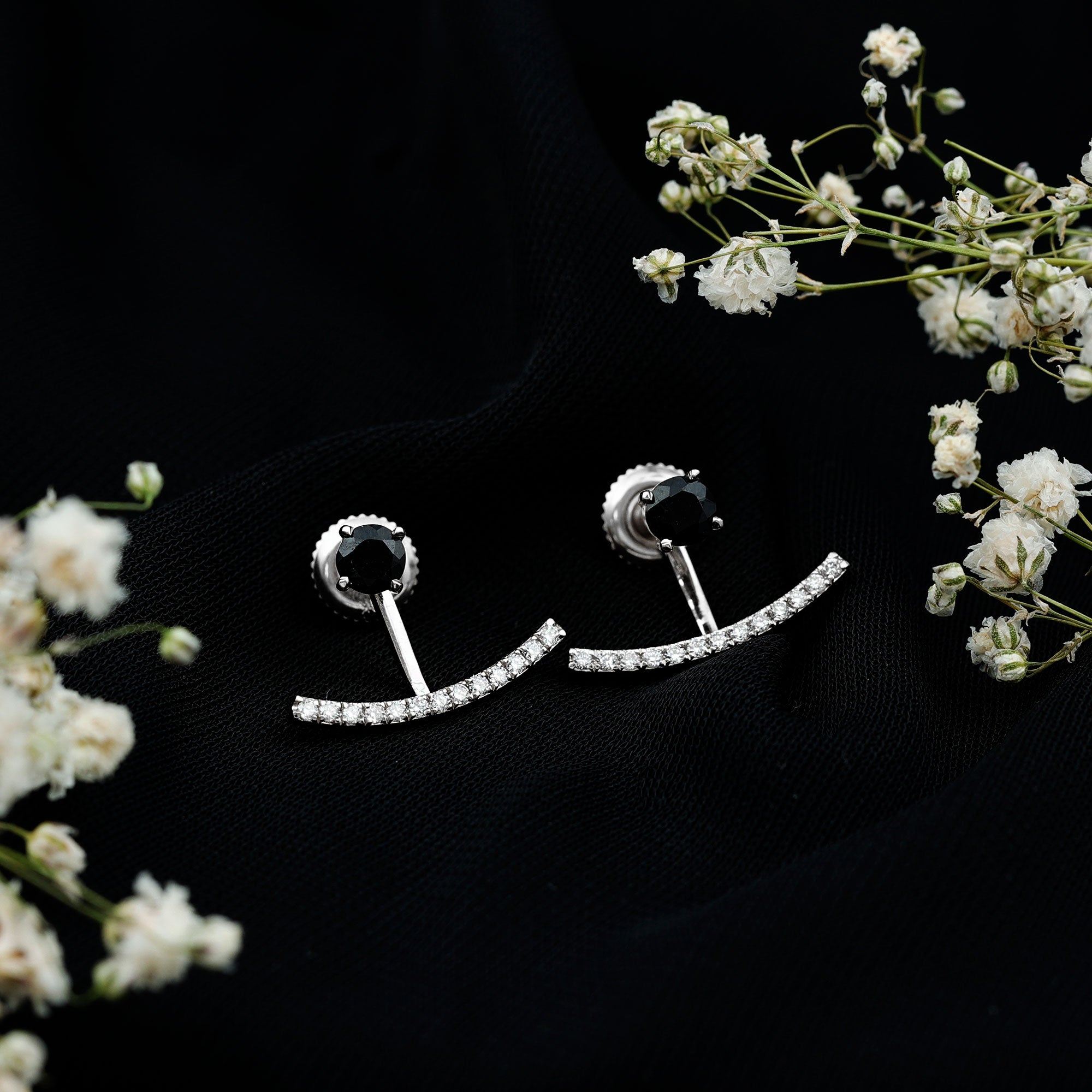 Round Black Onyx Front Back Earrings with Diamond AAA - Rosec Jewels