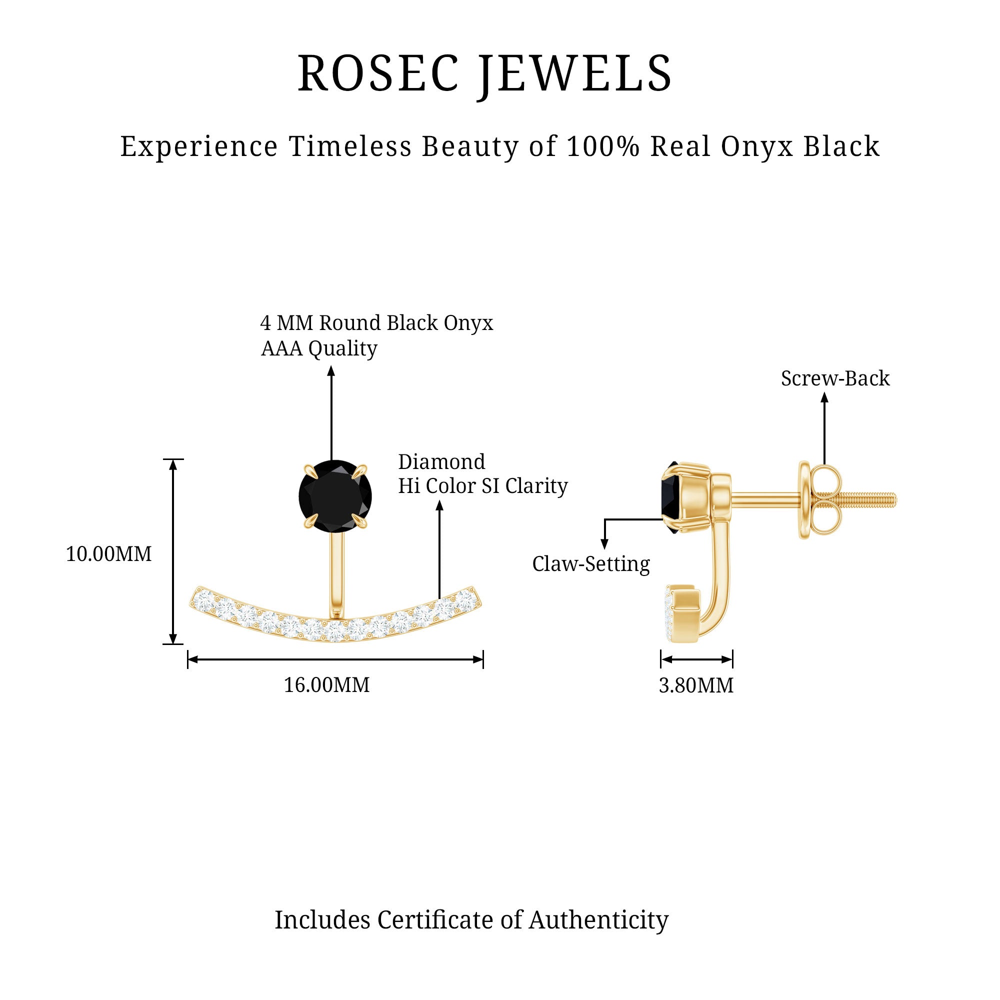 Round Black Onyx Front Back Earrings with Diamond AAA - Rosec Jewels