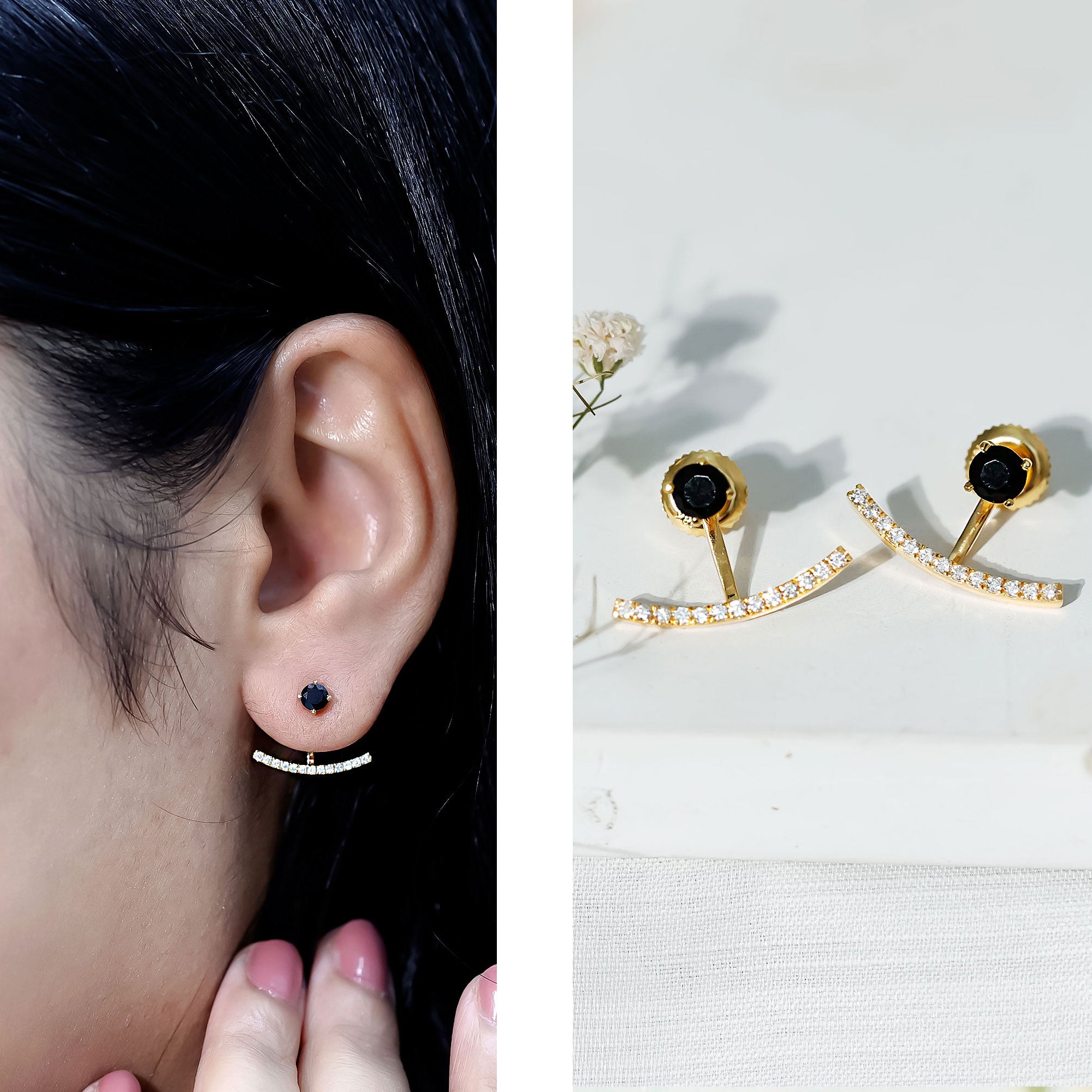 Round Black Onyx Front Back Earrings with Diamond AAA - Rosec Jewels