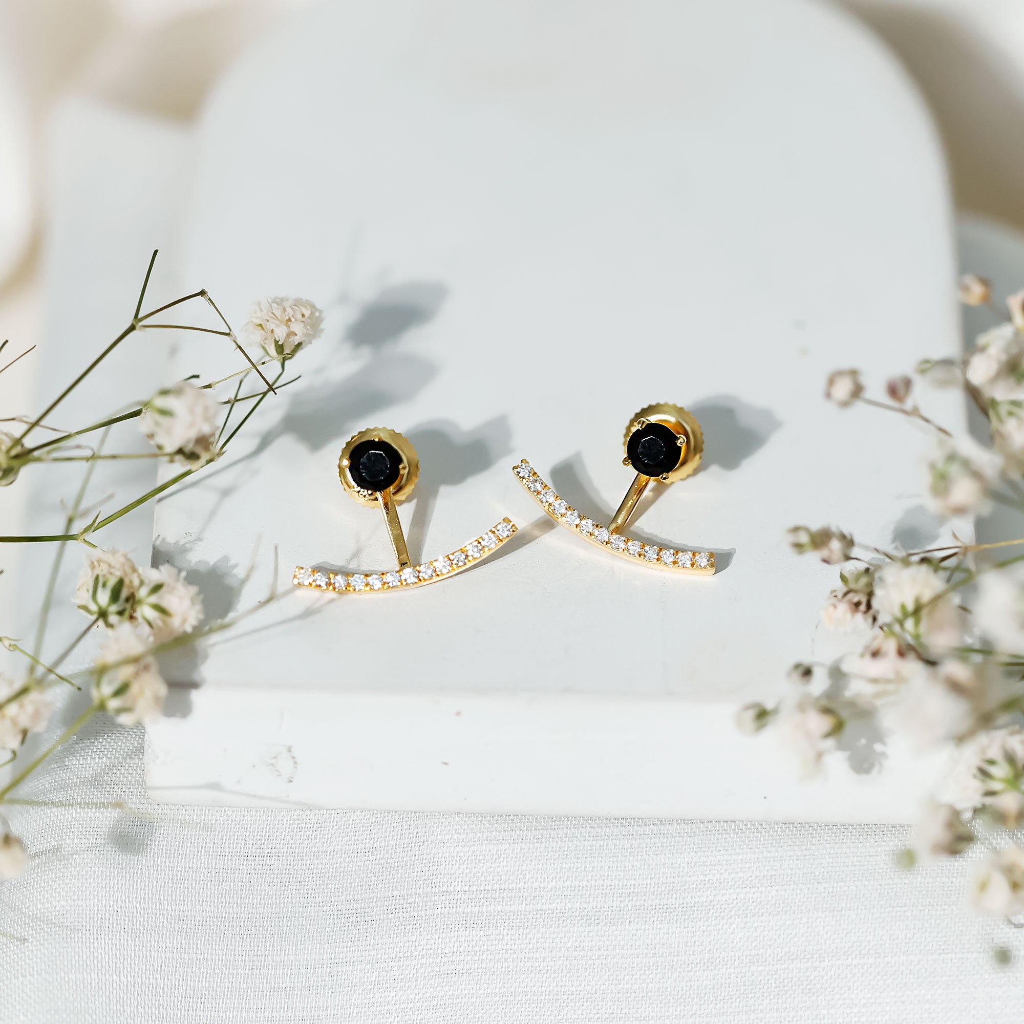 Round Black Onyx Front Back Earrings with Diamond AAA - Rosec Jewels