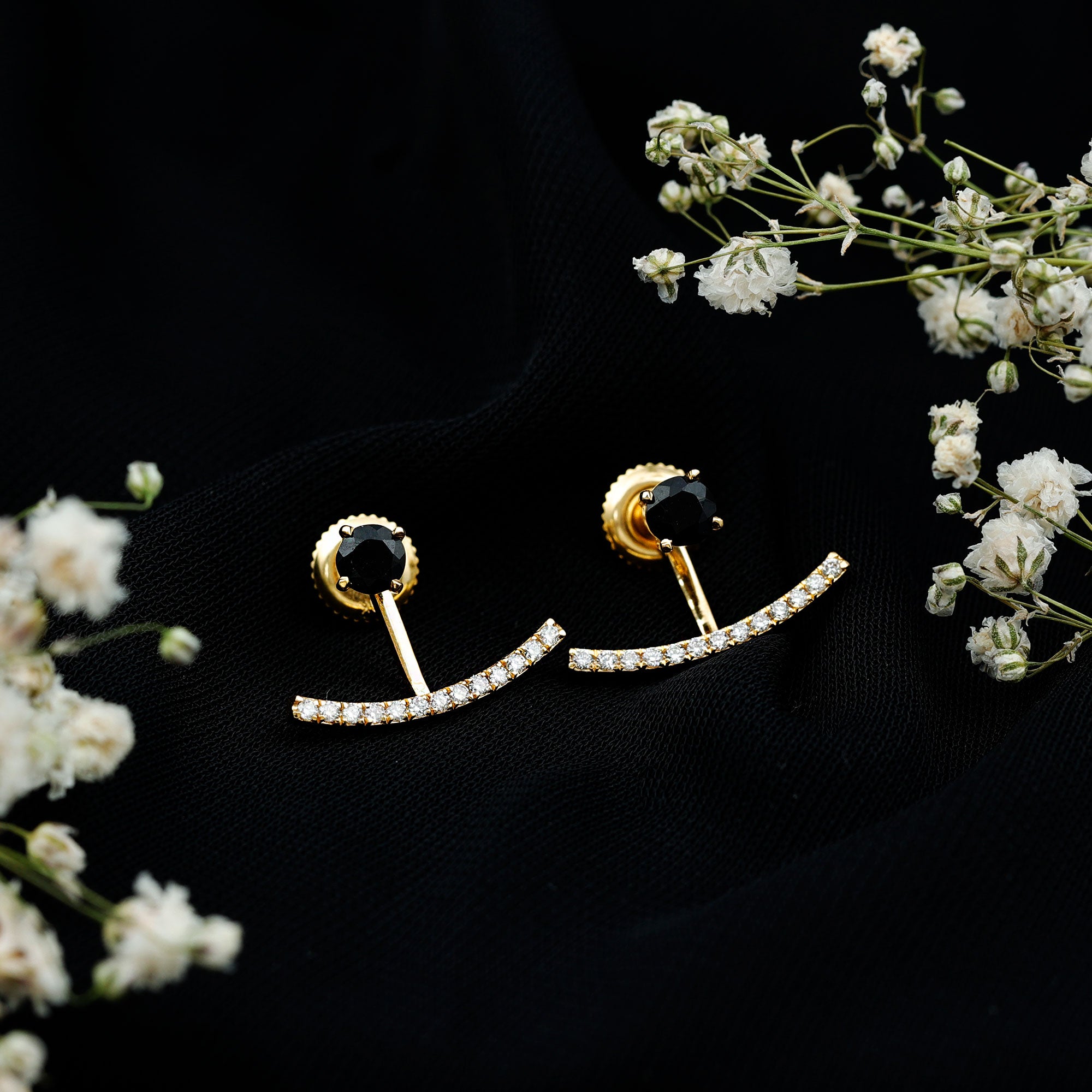 Round Black Onyx Front Back Earrings with Diamond AAA - Rosec Jewels