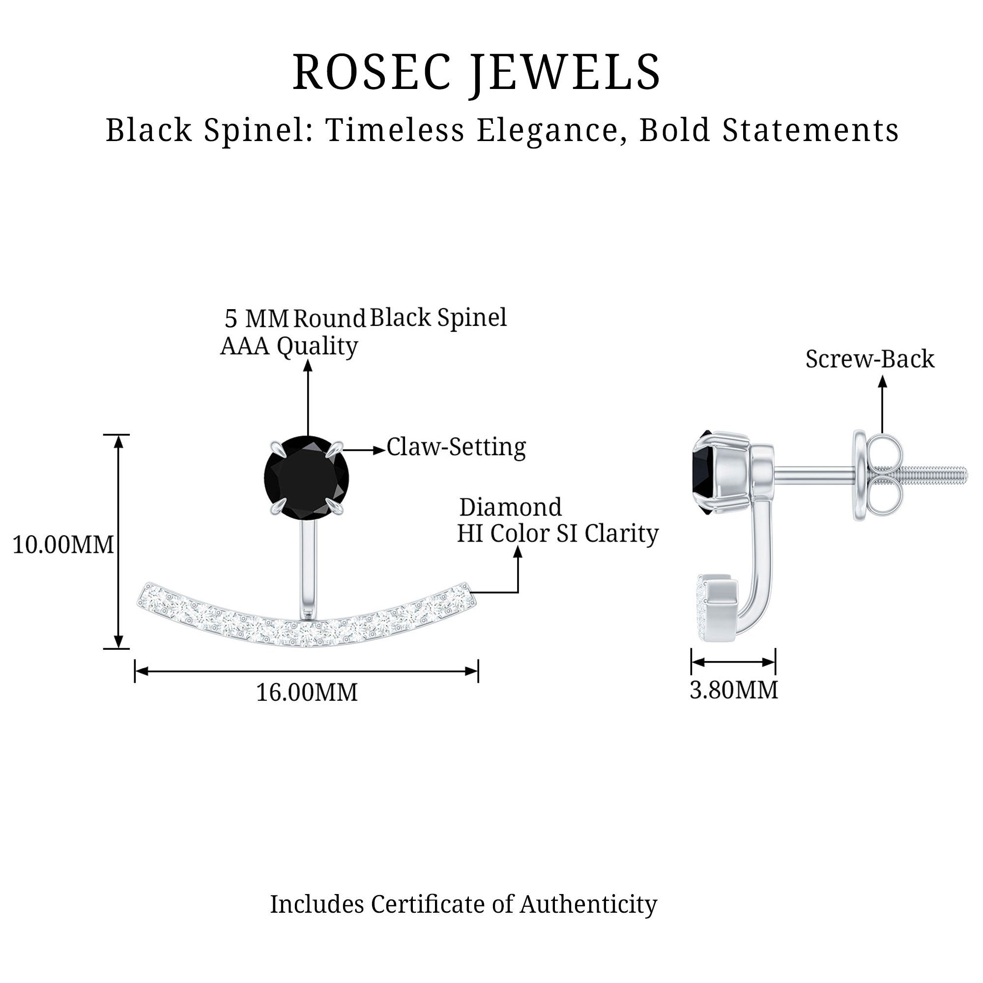 1 Carat Black Spinel Jacket Earrings with Diamond Stones AAA - Rosec Jewels