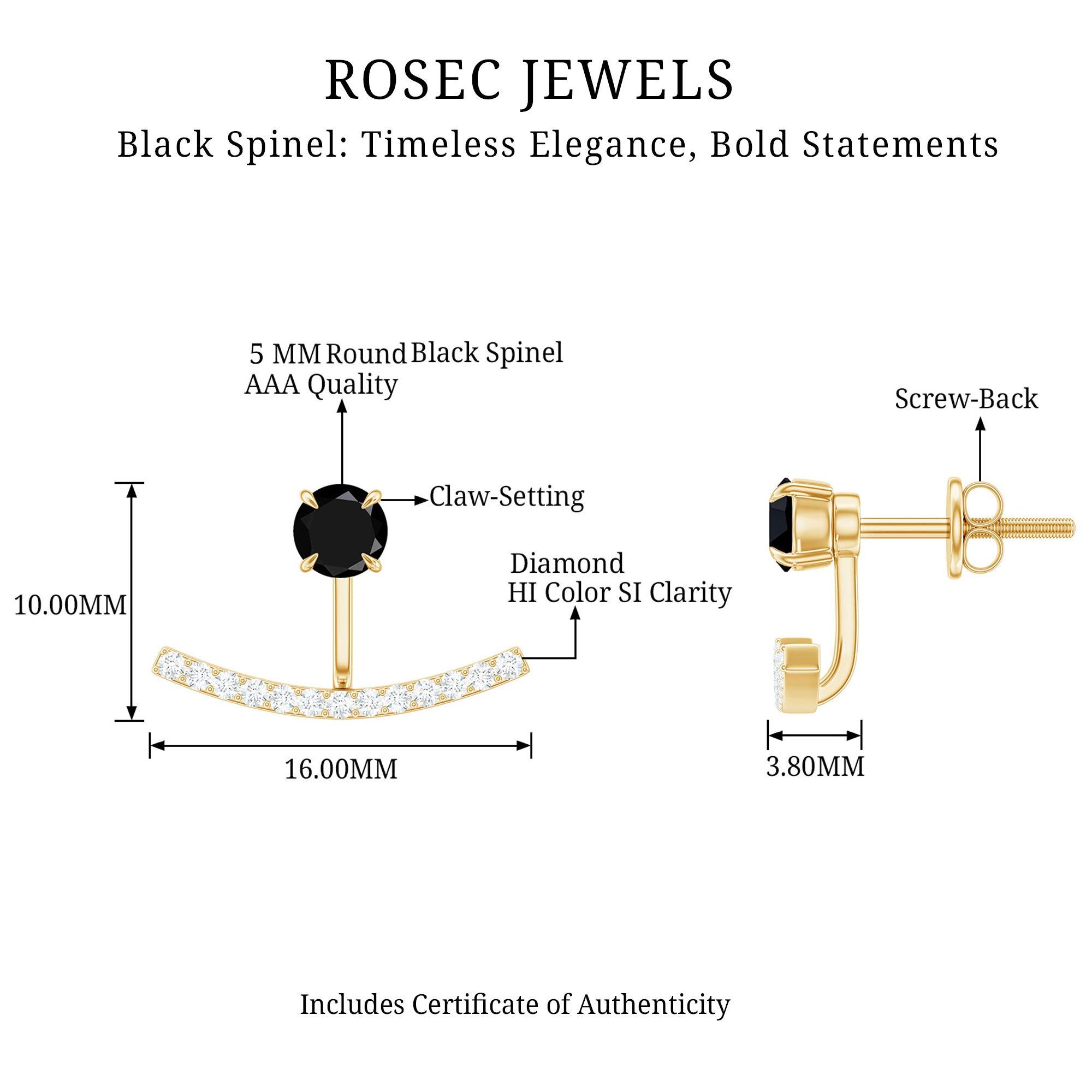 1 Carat Black Spinel Jacket Earrings with Diamond Stones AAA - Rosec Jewels
