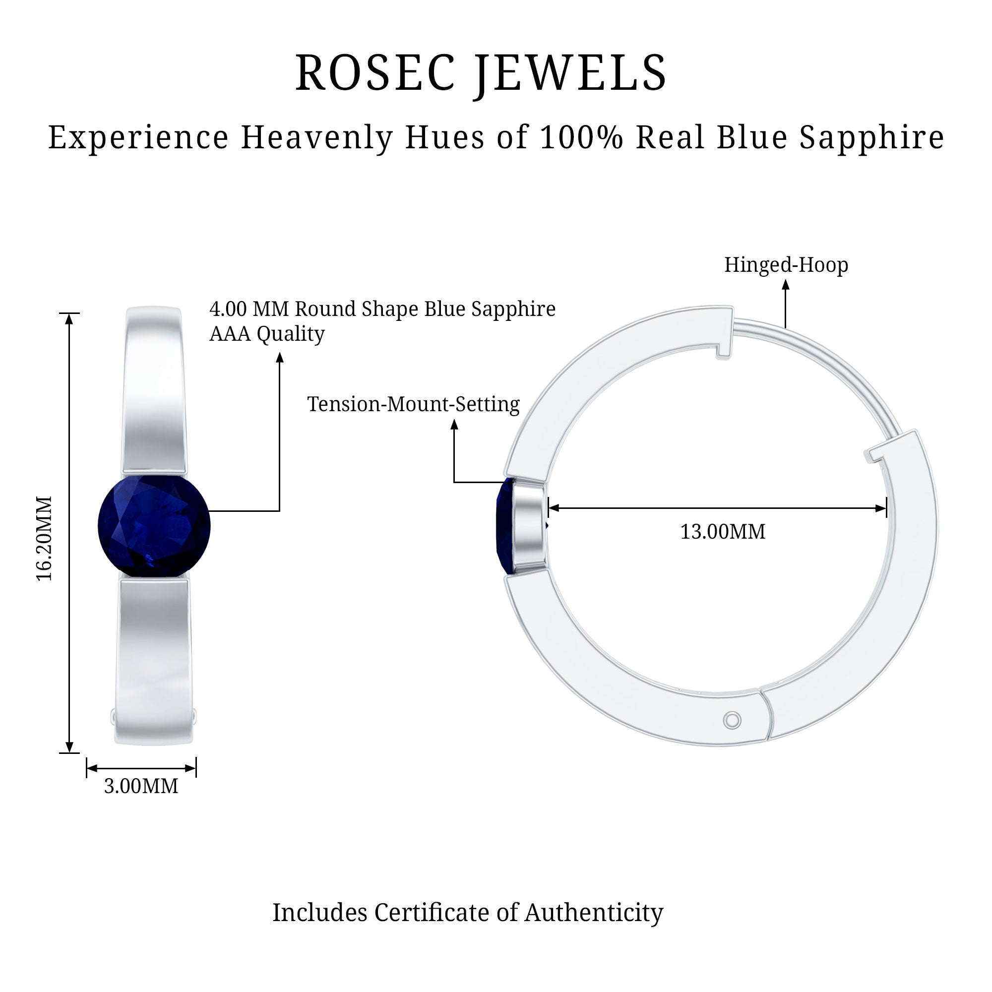 Minimal Blue Sapphire Hinged Hoop Earrings AAA - Rosec Jewels