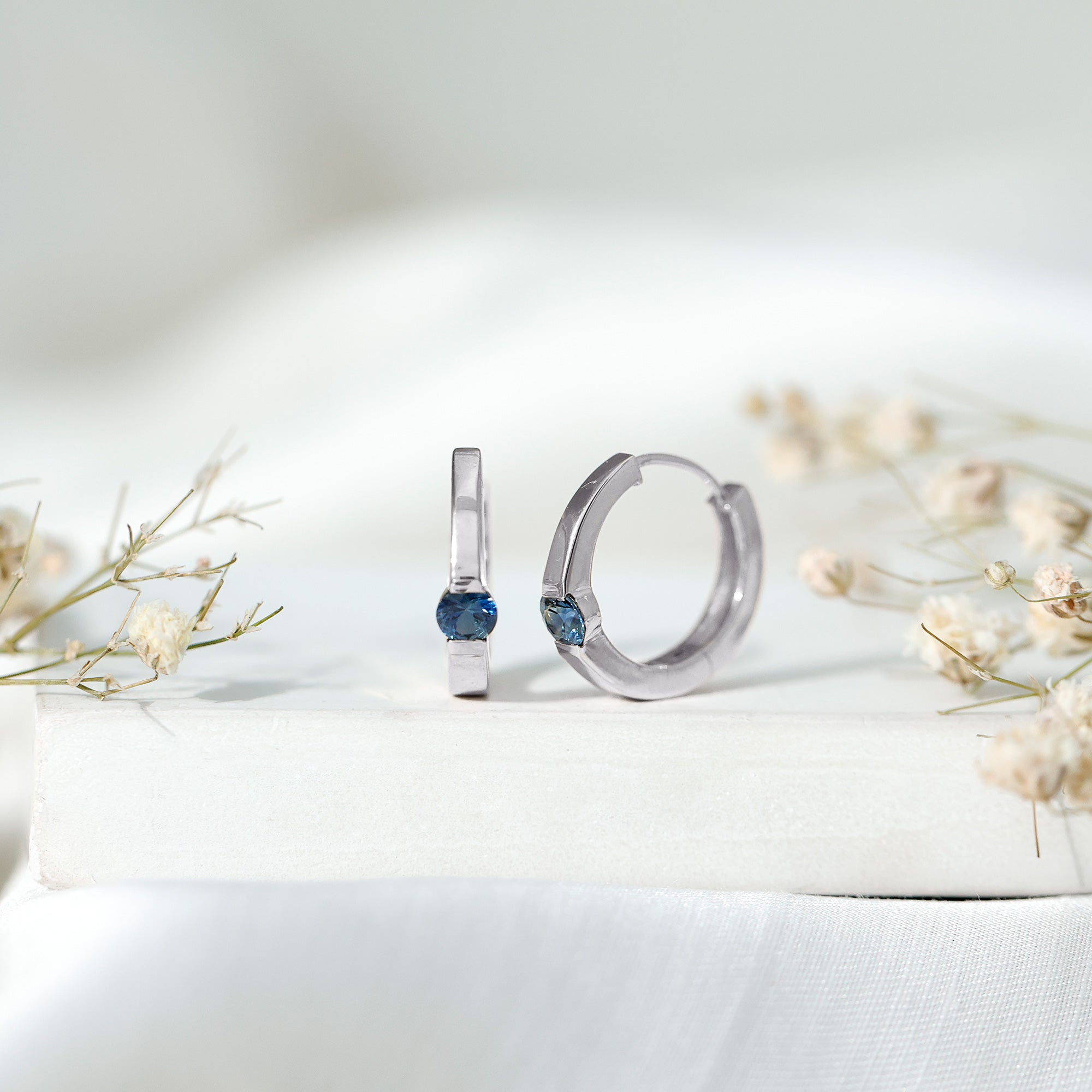 Minimal Blue Sapphire Hinged Hoop Earrings AAA - Rosec Jewels