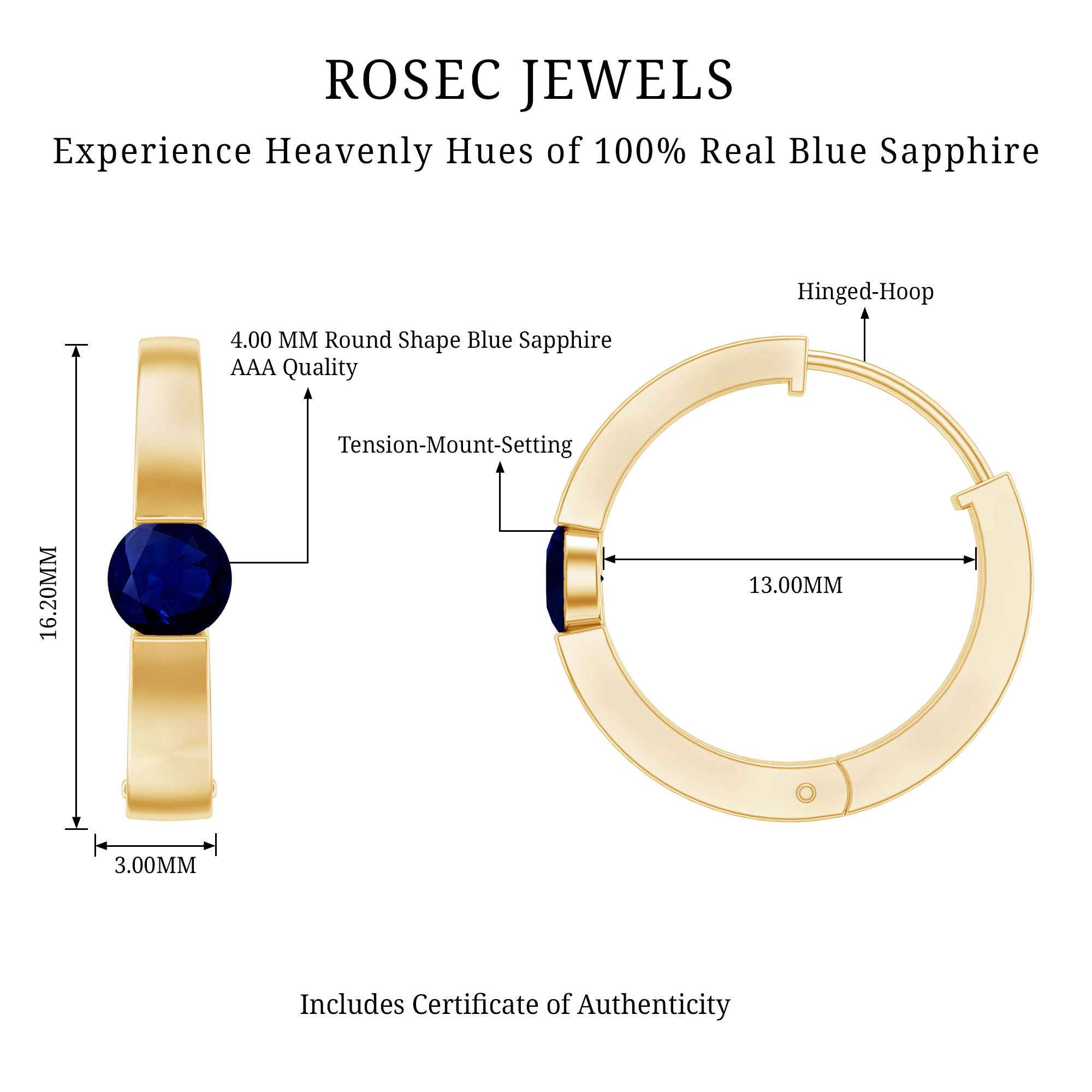 Minimal Blue Sapphire Hinged Hoop Earrings AAA - Rosec Jewels
