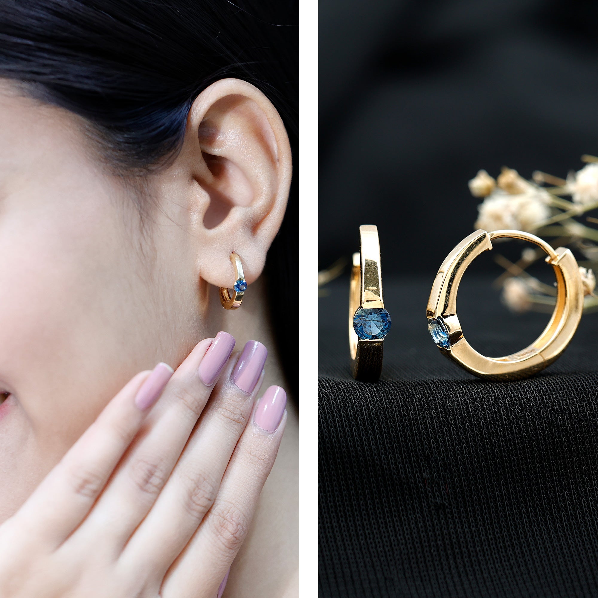 Minimal Blue Sapphire Hinged Hoop Earrings AAA - Rosec Jewels