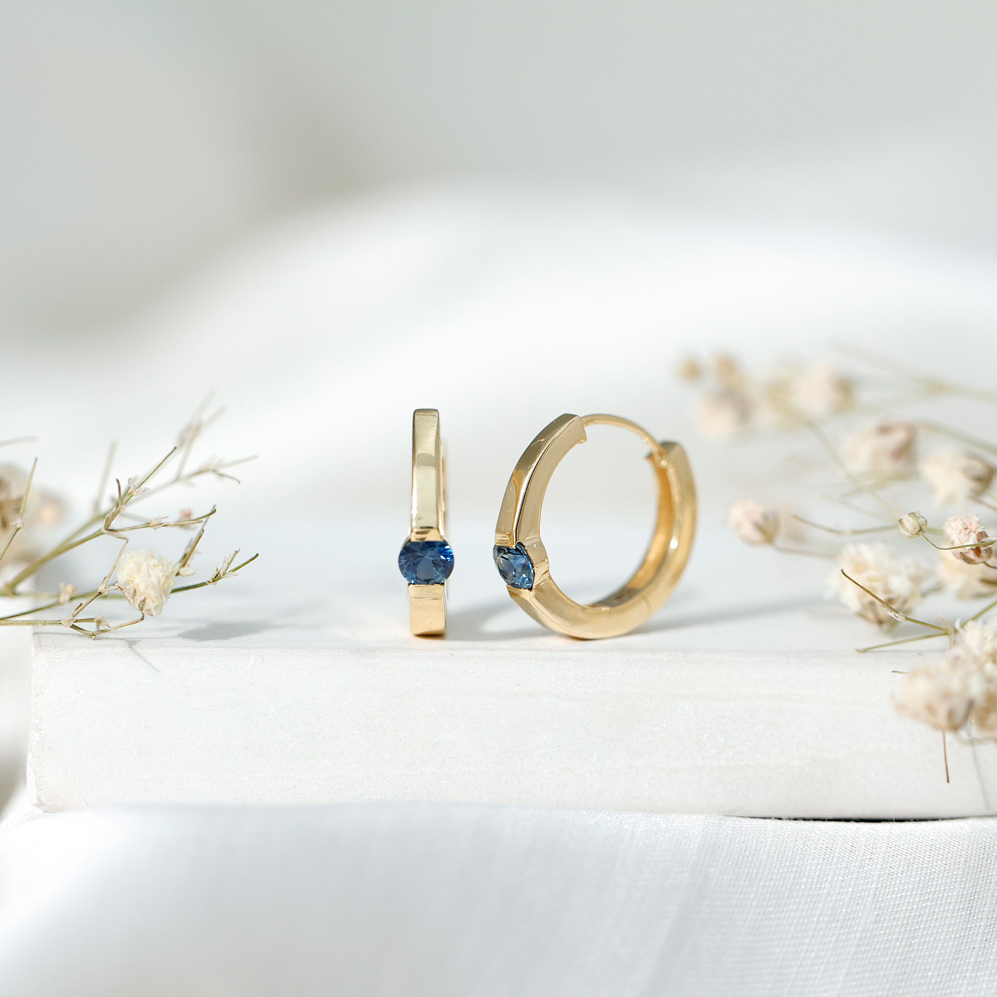 Minimal Blue Sapphire Hinged Hoop Earrings AAA - Rosec Jewels