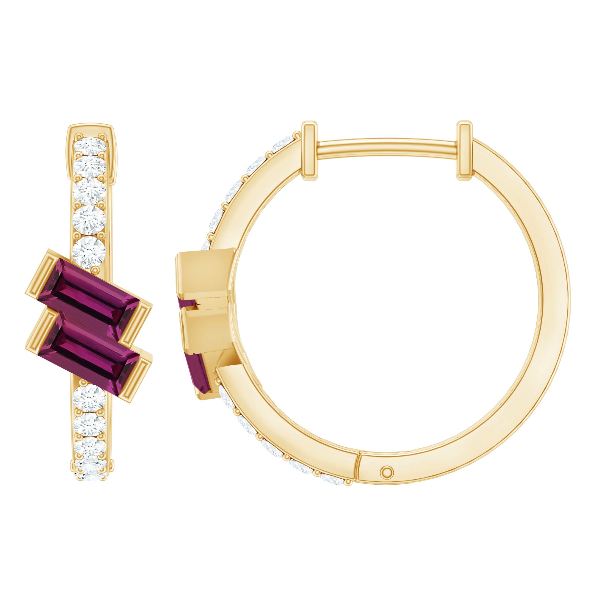 Rosec Jewels-Rhodolite Garnet Hinged Hoop Earrings in Gold Plated Silver