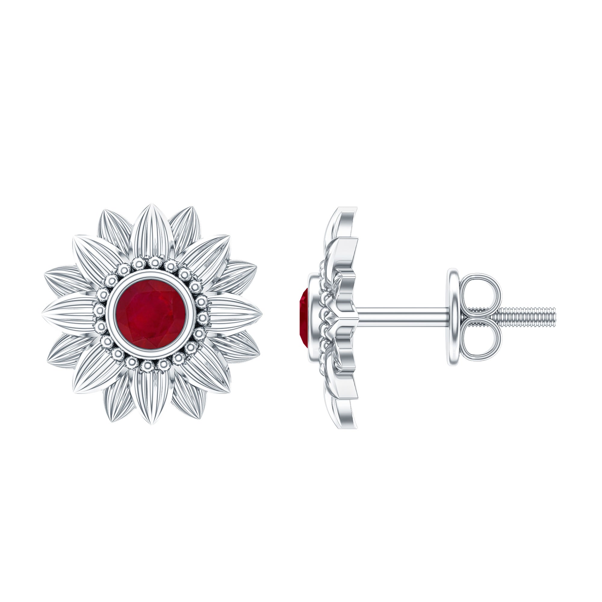 Bezel Set Real Ruby Flower Stud Earrings AAA - Rosec Jewels