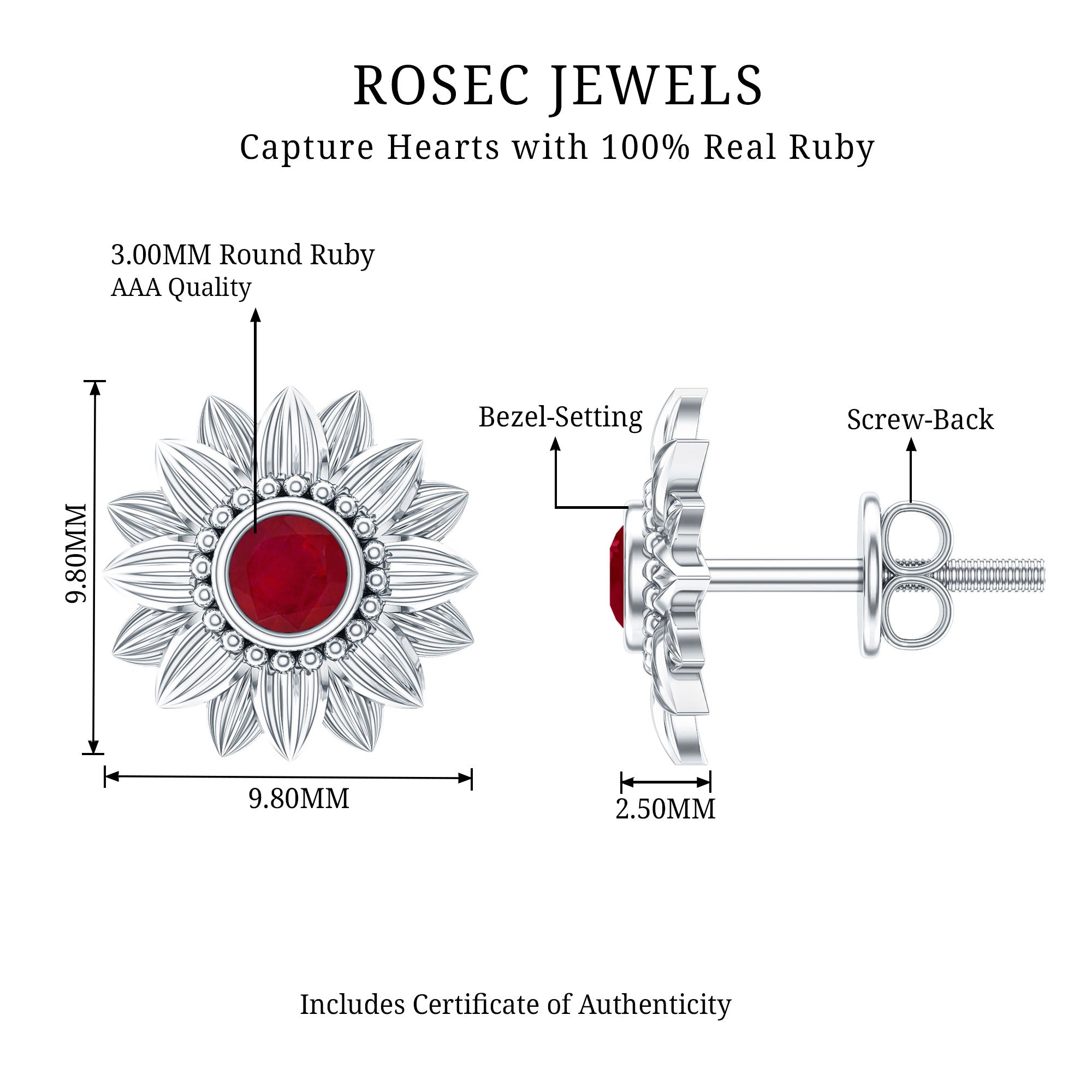 Bezel Set Real Ruby Flower Stud Earrings AAA - Rosec Jewels