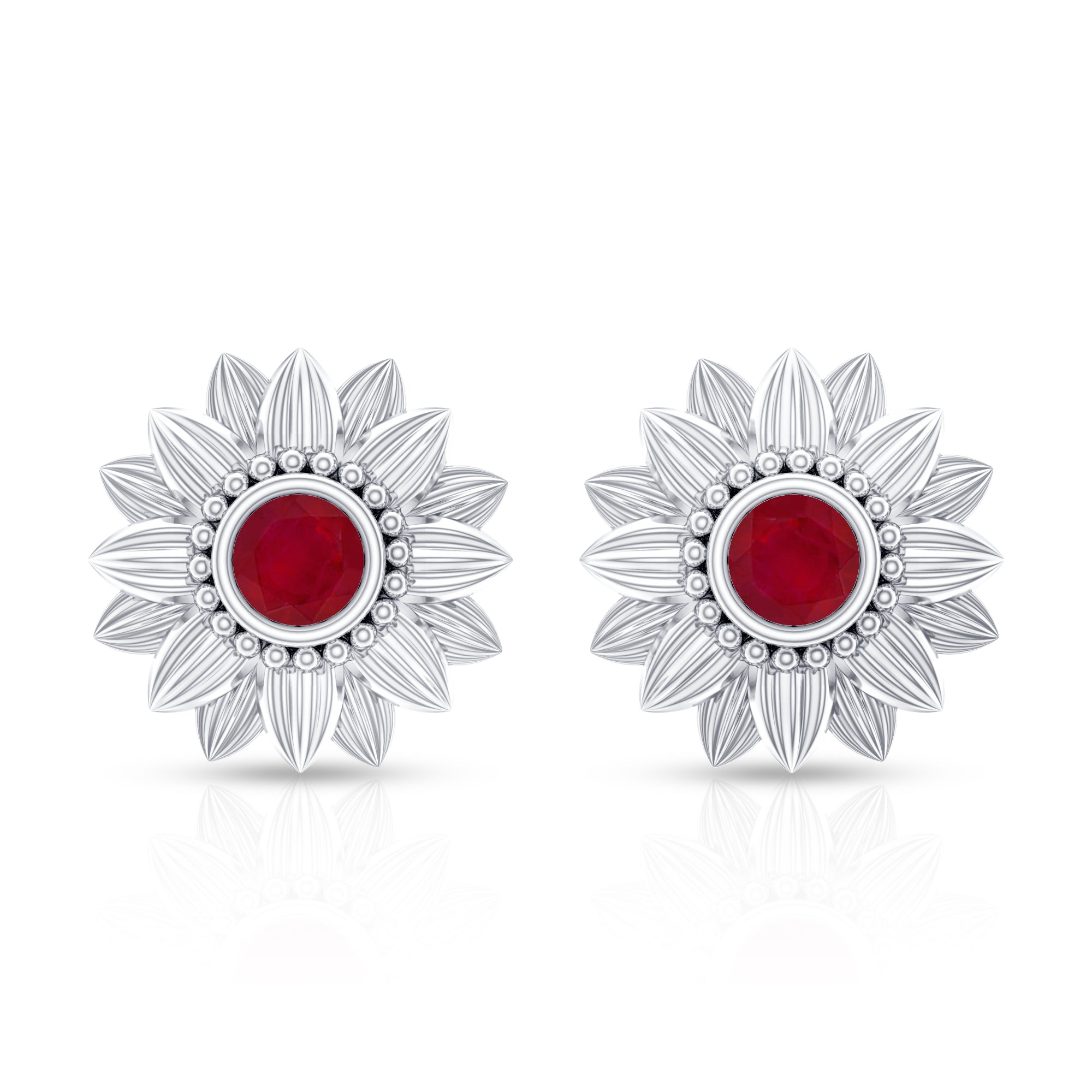 Bezel Set Real Ruby Flower Stud Earrings AAA - Rosec Jewels