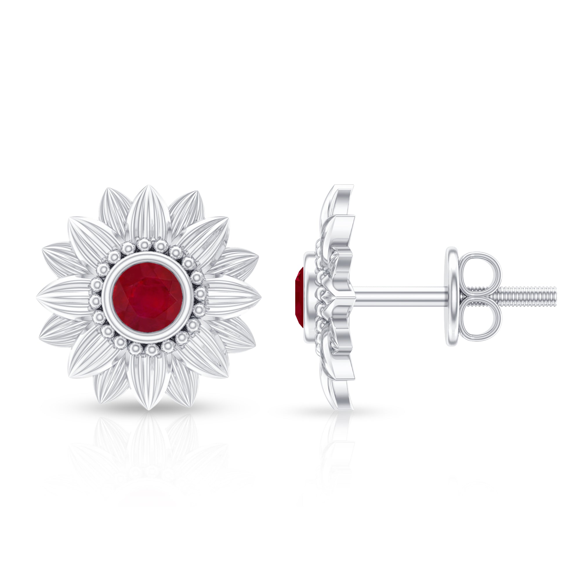 Bezel Set Real Ruby Flower Stud Earrings AAA - Rosec Jewels