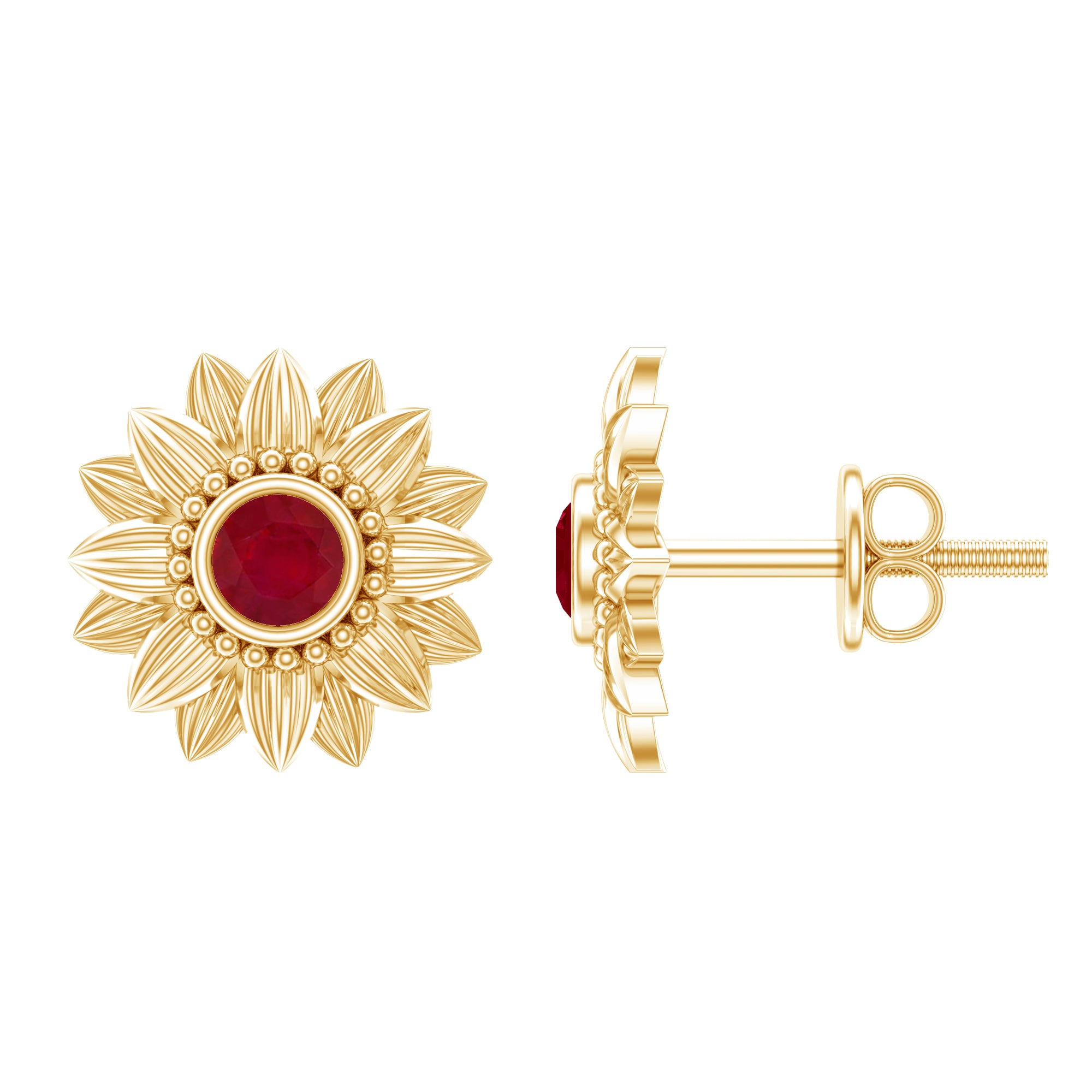 Bezel Set Real Ruby Flower Stud Earrings AAA - Rosec Jewels