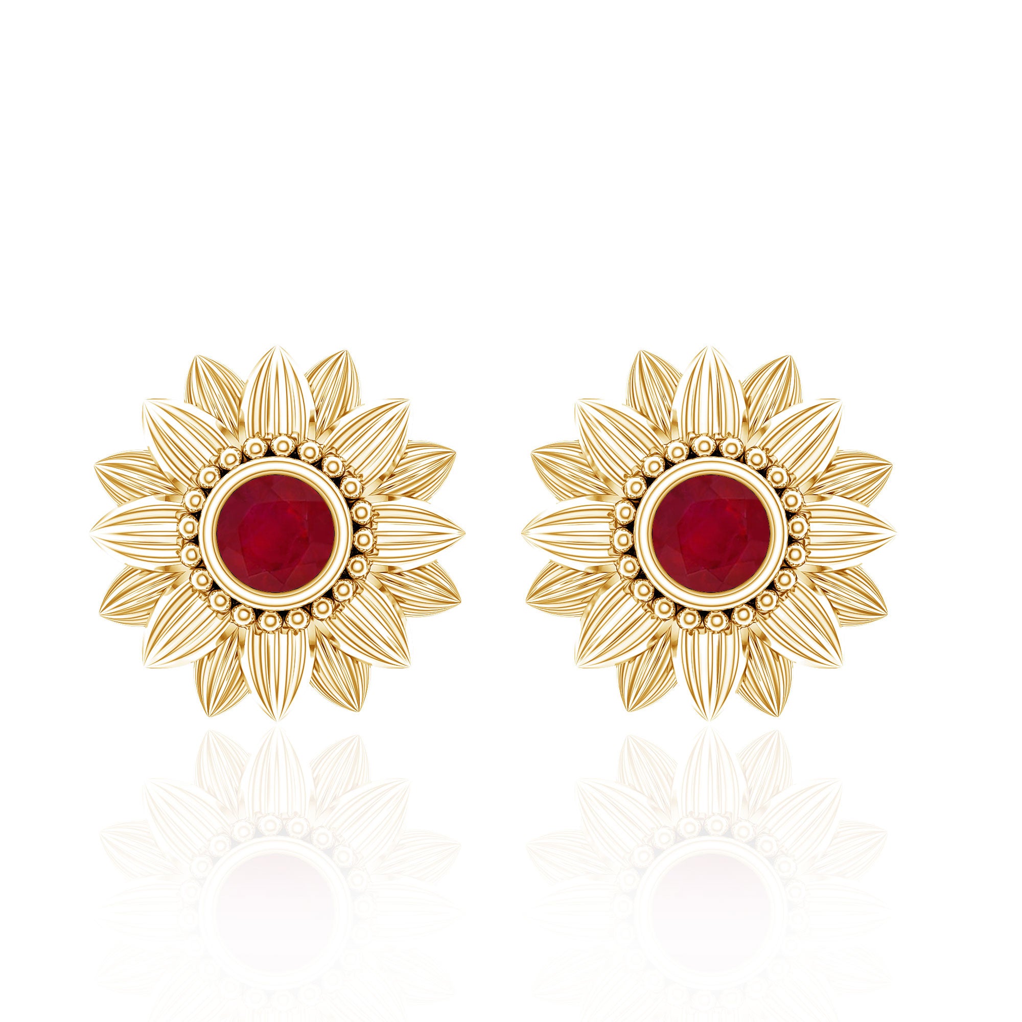 Bezel Set Real Ruby Flower Stud Earrings AAA - Rosec Jewels