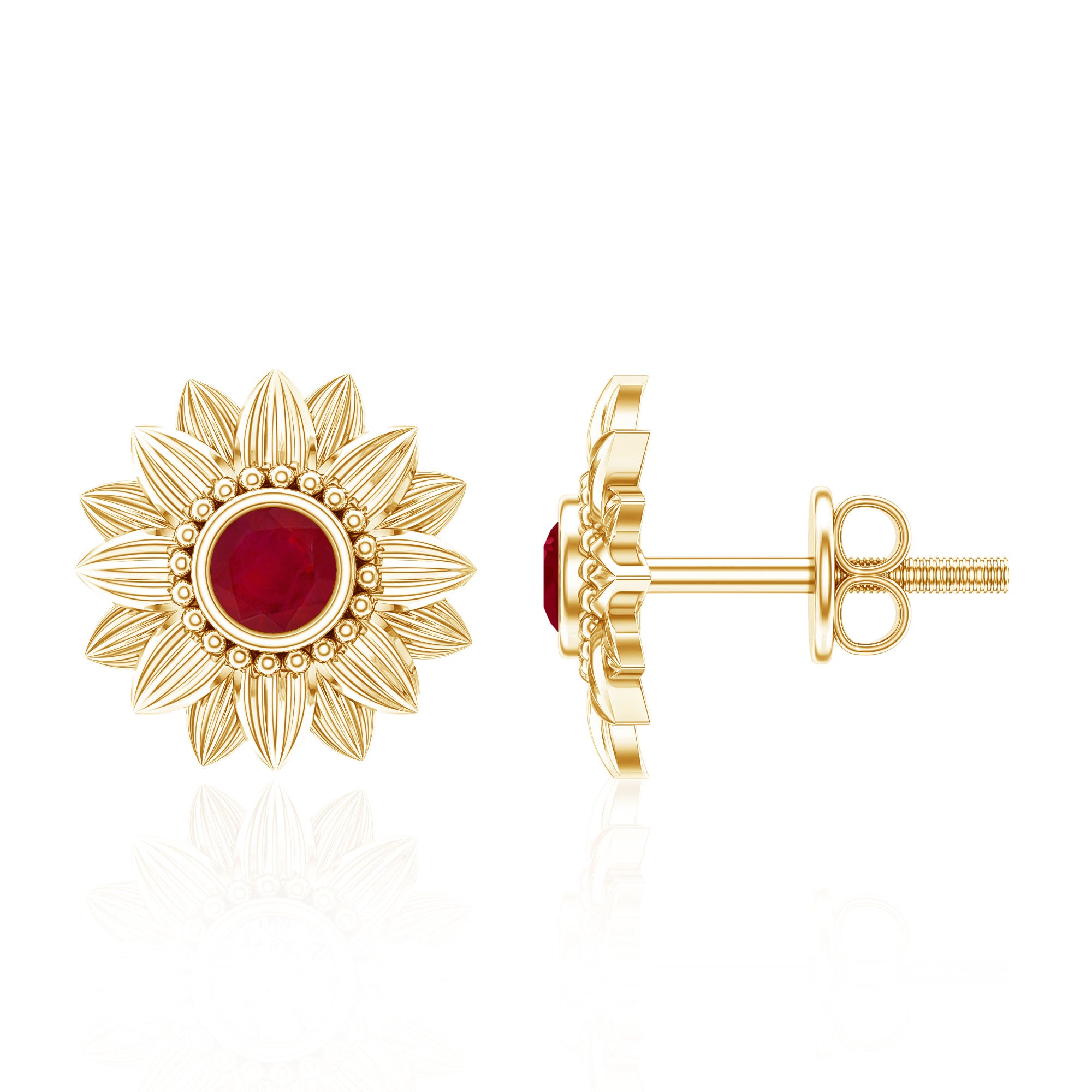 Bezel Set Real Ruby Flower Stud Earrings AAA - Rosec Jewels