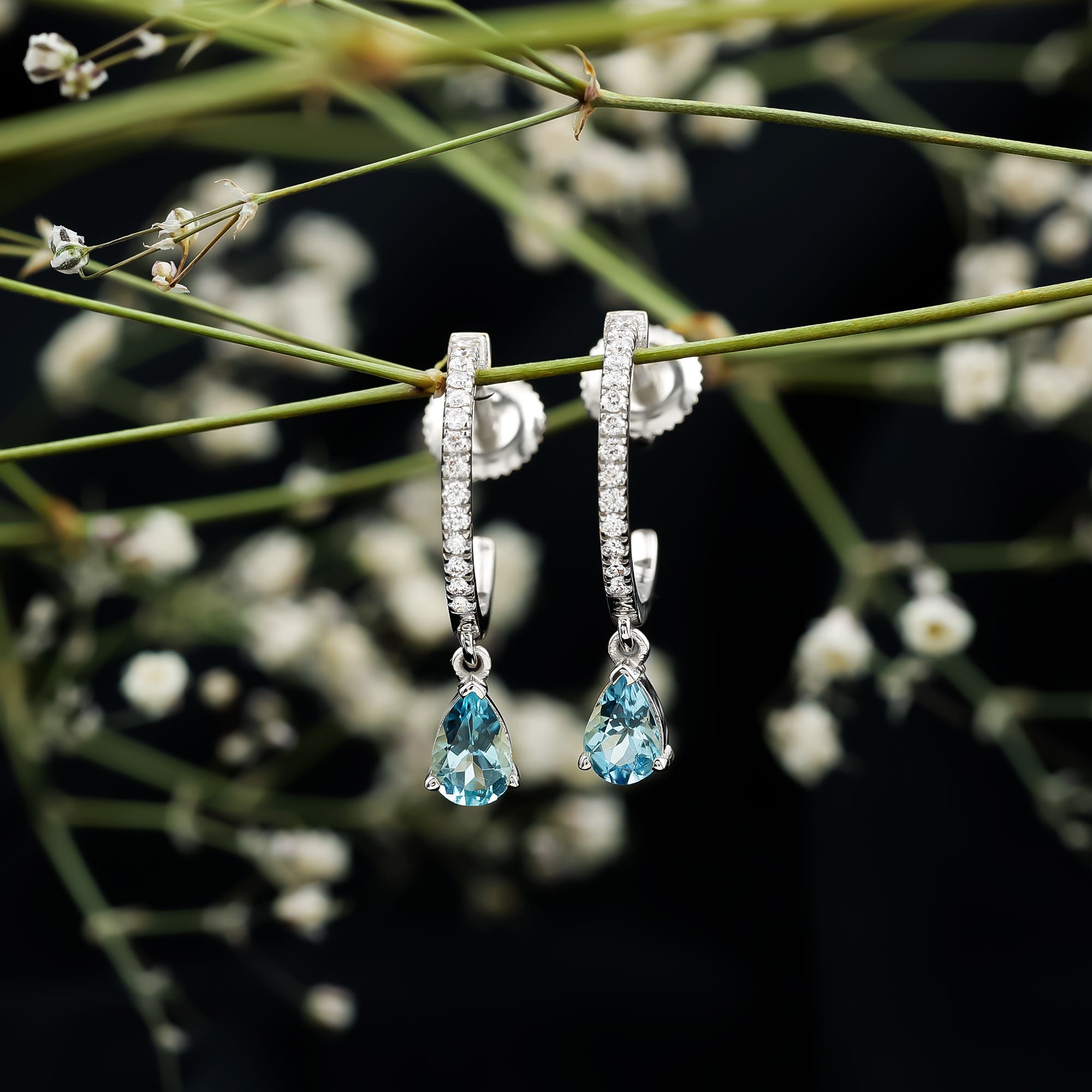 Aquamarine and Diamond Hoop Drop Earrings AAA - Rosec Jewels