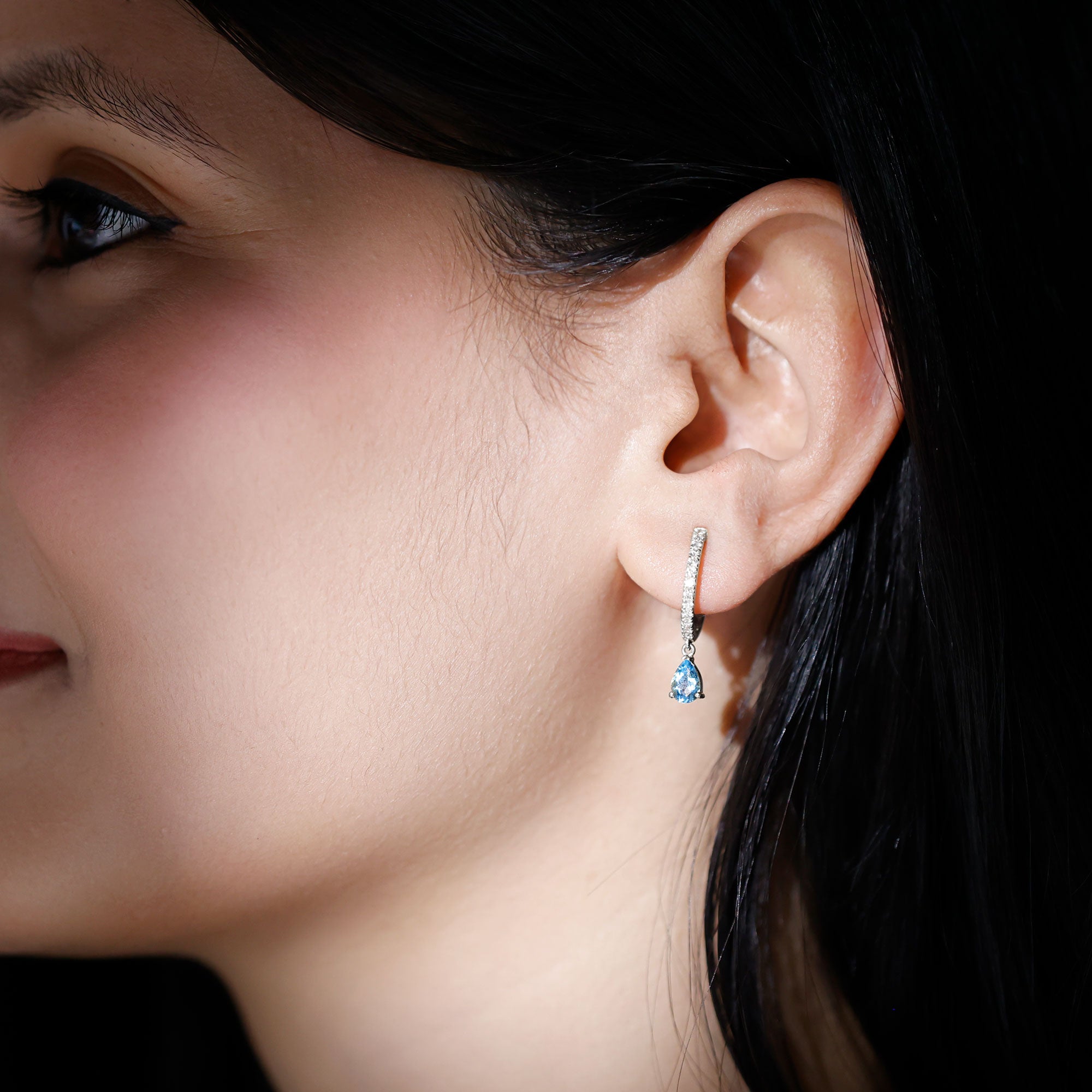 Aquamarine and Diamond Hoop Drop Earrings AAA - Rosec Jewels