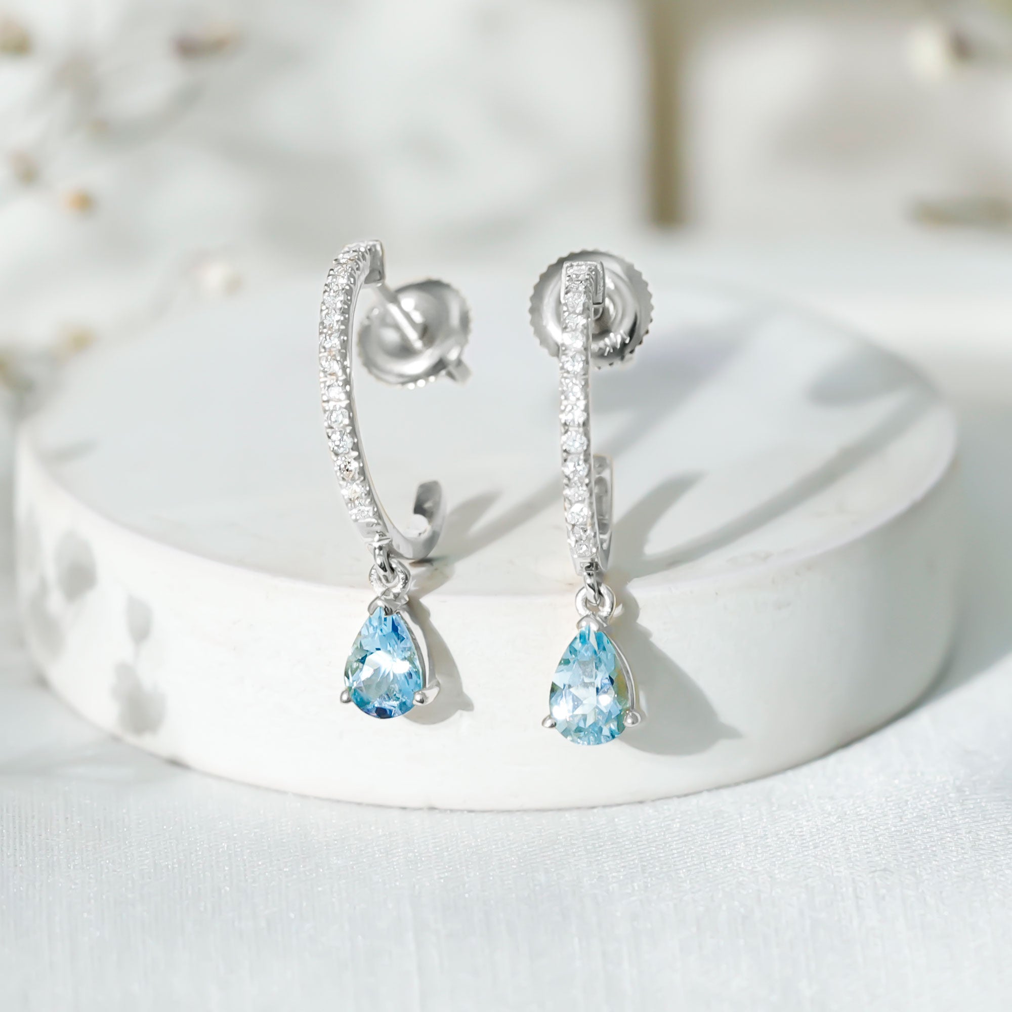 Aquamarine and Diamond Hoop Drop Earrings AAA - Rosec Jewels