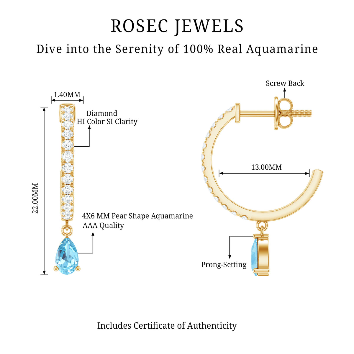 Aquamarine and Diamond Hoop Drop Earrings AAA - Rosec Jewels