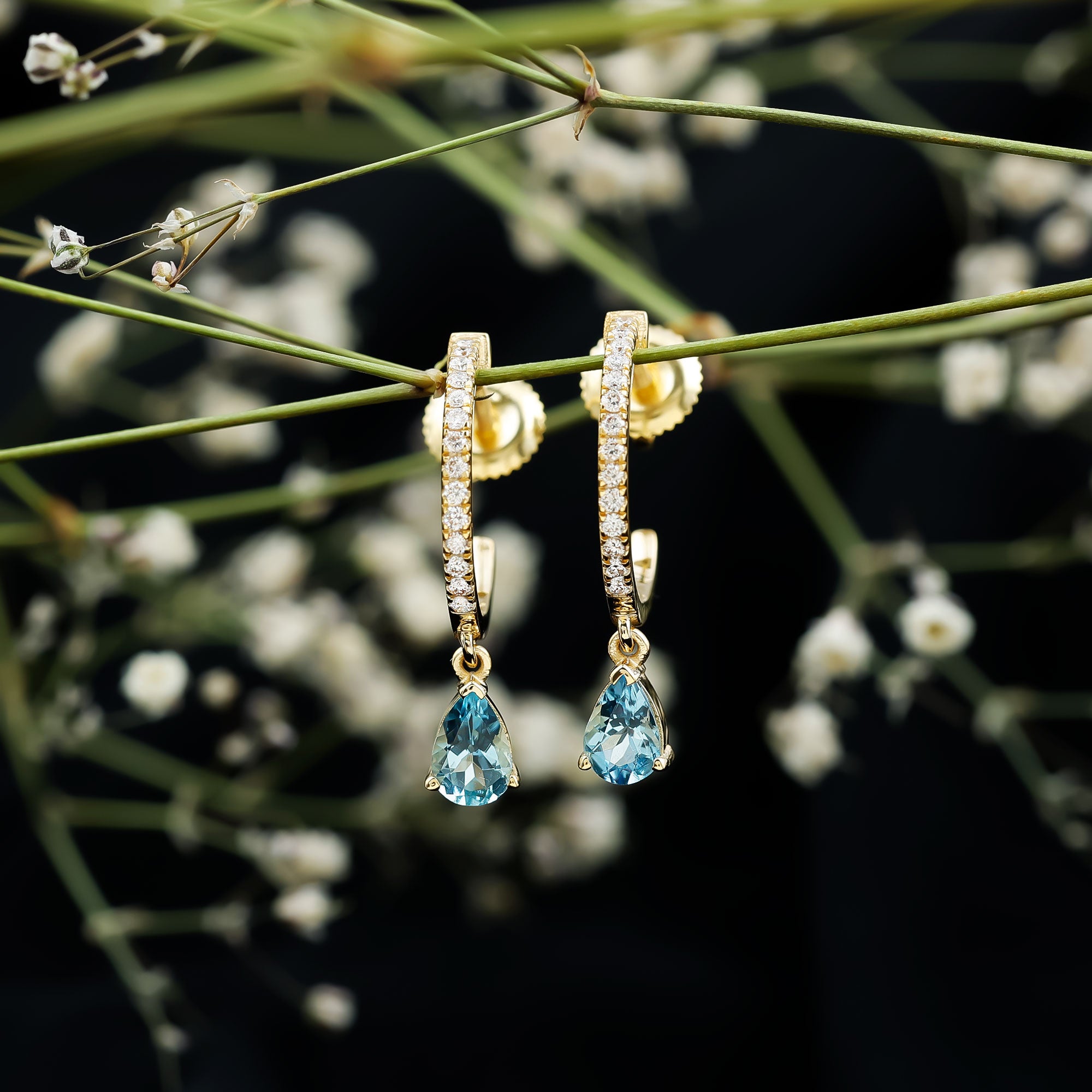 Aquamarine and Diamond Hoop Drop Earrings AAA - Rosec Jewels