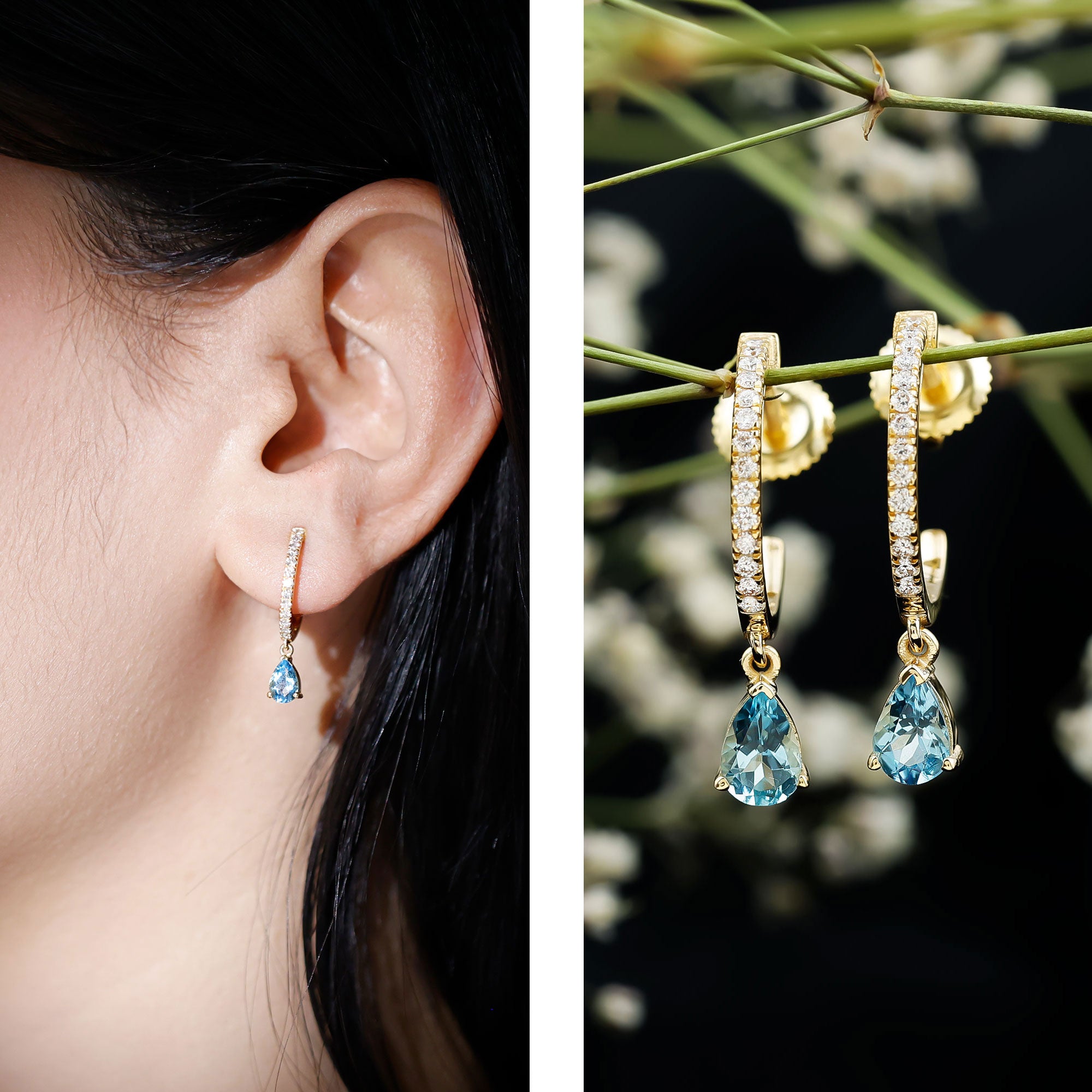 Aquamarine and Diamond Hoop Drop Earrings AAA - Rosec Jewels