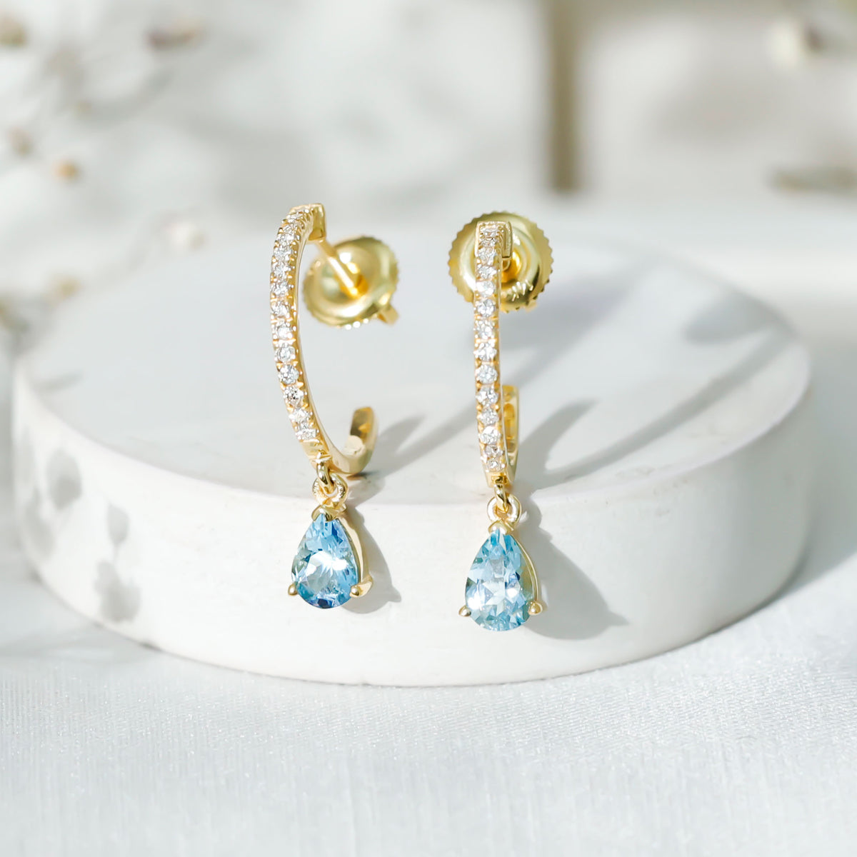 Aquamarine and Diamond Hoop Drop Earrings AAA - Rosec Jewels
