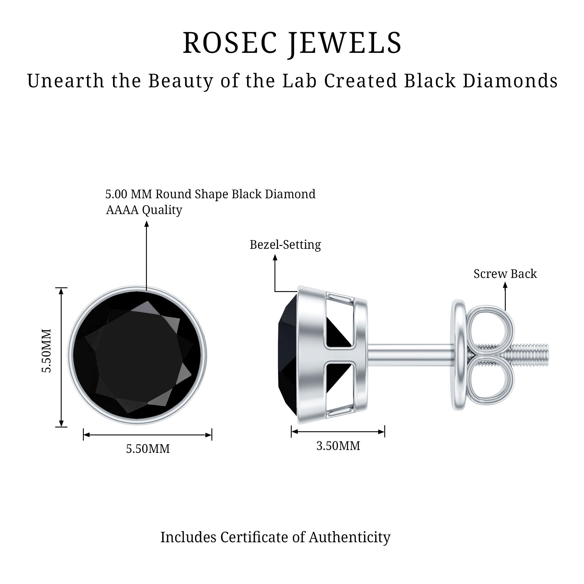 5MM Created Black Diamond Solitaire Stud Earring in Bezel Setting AAAA ( Synthetic ) - Rosec Jewels