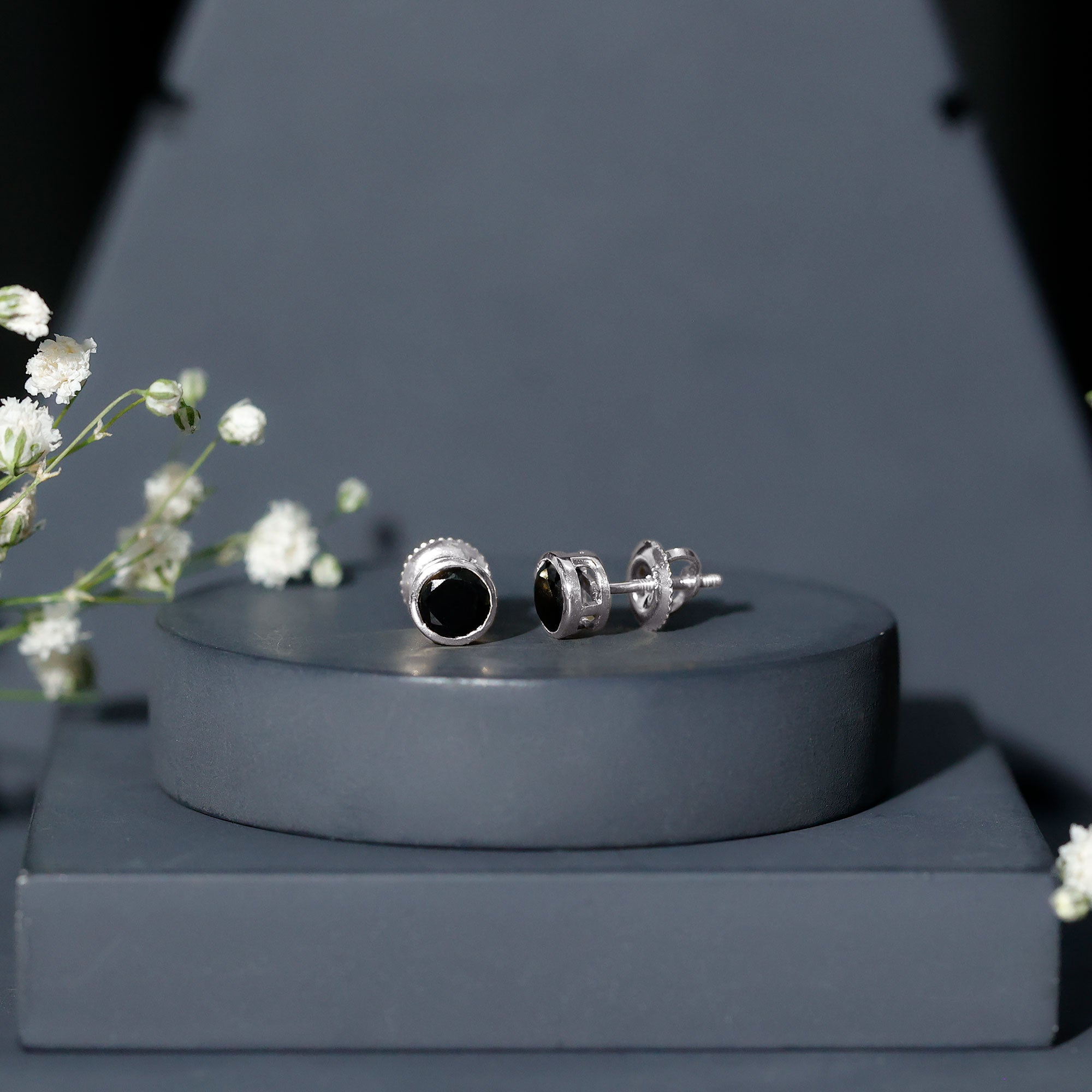 5MM Created Black Diamond Solitaire Stud Earring in Bezel Setting AAAA ( Synthetic ) - Rosec Jewels