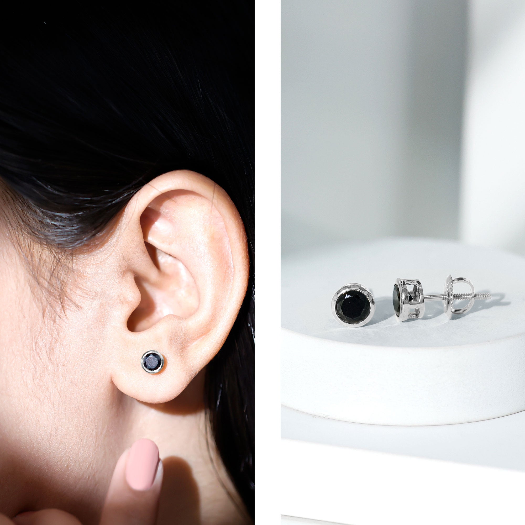 1.6 Carat Created Black Diamond Solitaire Stud Earring in Bezel Setting AAAA ( Synthetic ) - Rosec Jewels