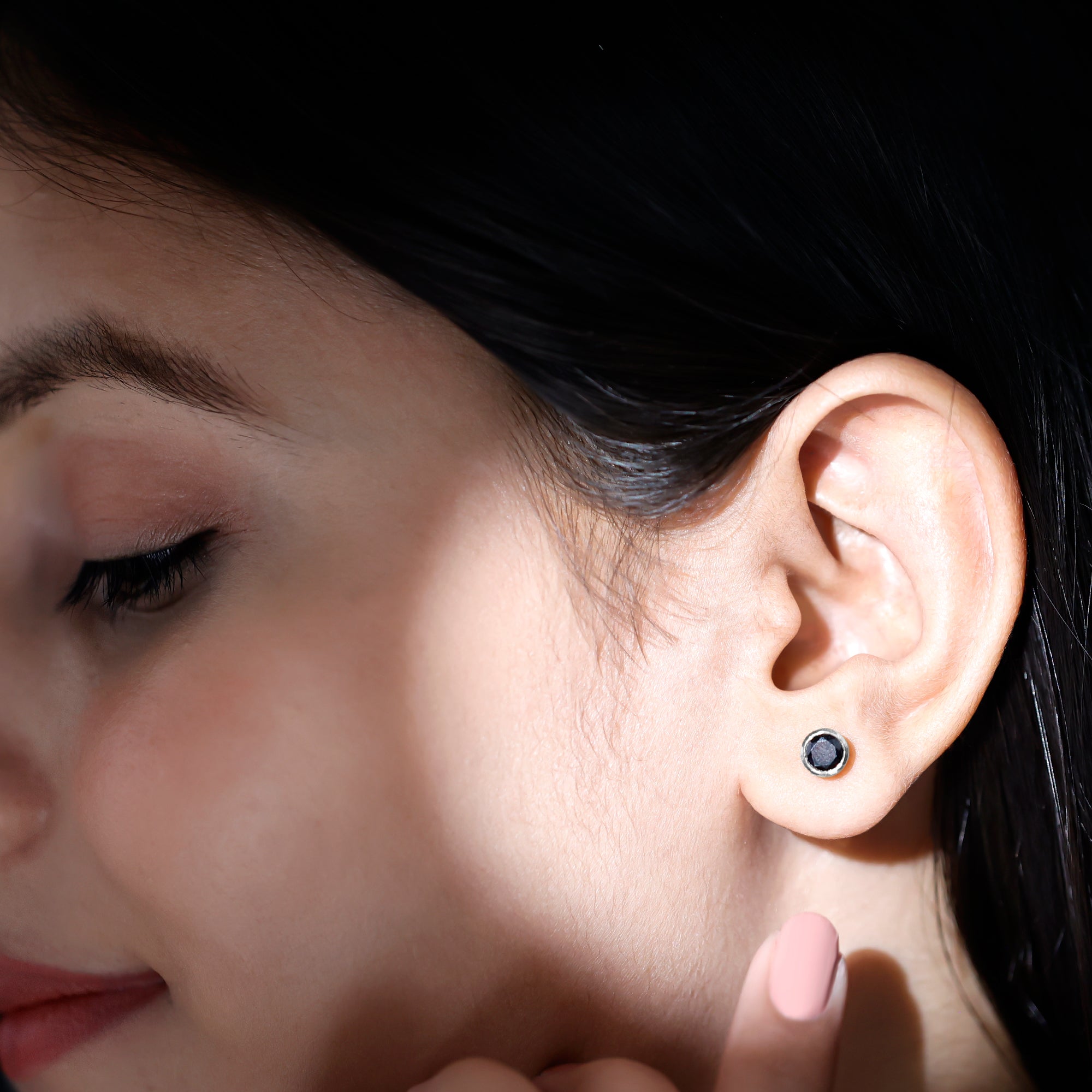 5MM Created Black Diamond Solitaire Stud Earring in Bezel Setting AAAA ( Synthetic ) - Rosec Jewels