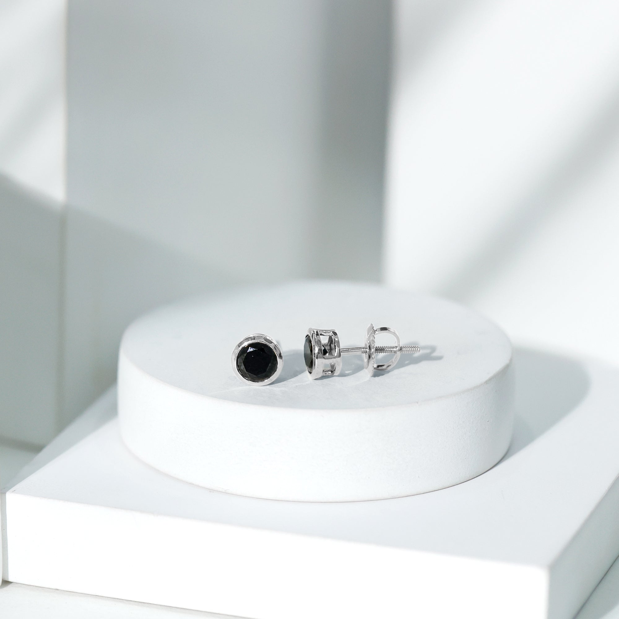 1.6 Carat Created Black Diamond Solitaire Stud Earring in Bezel Setting AAAA ( Synthetic ) - Rosec Jewels