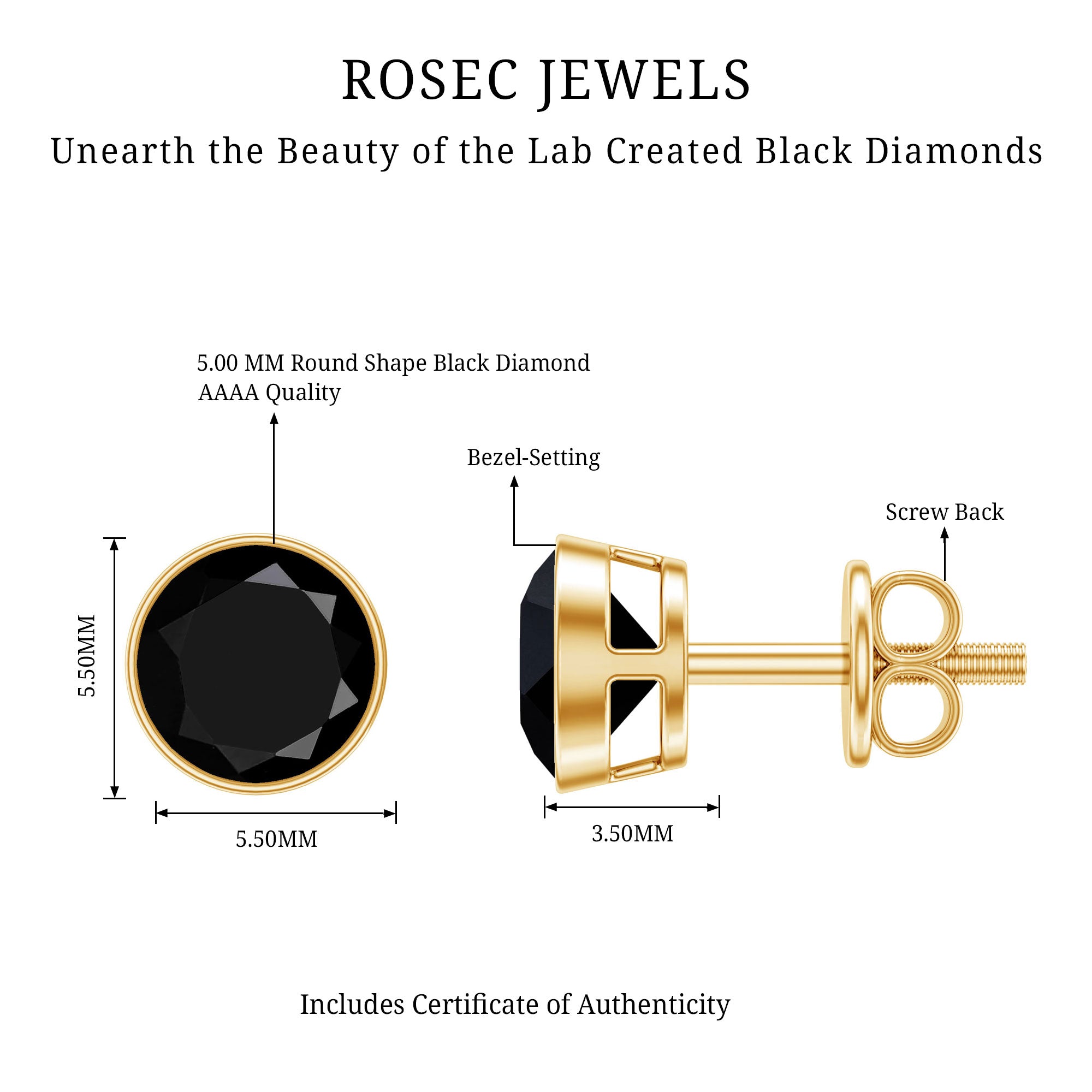 5MM Created Black Diamond Solitaire Stud Earring in Bezel Setting AAAA ( Synthetic ) - Rosec Jewels