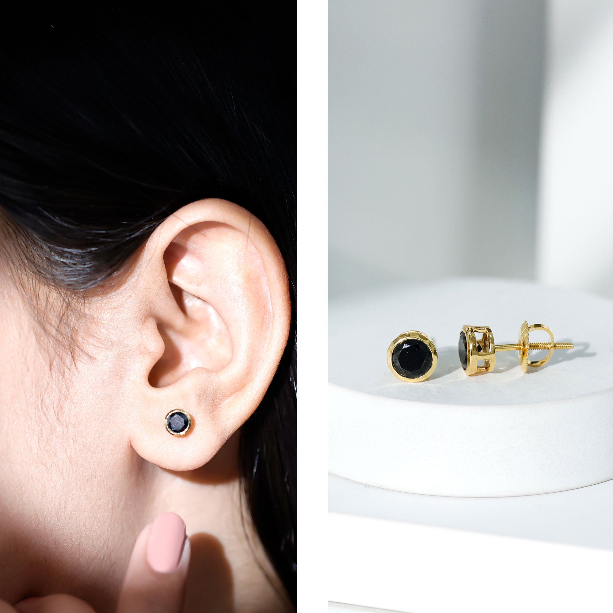 1.6 Carat Created Black Diamond Solitaire Stud Earring in Bezel Setting AAAA ( Synthetic ) - Rosec Jewels