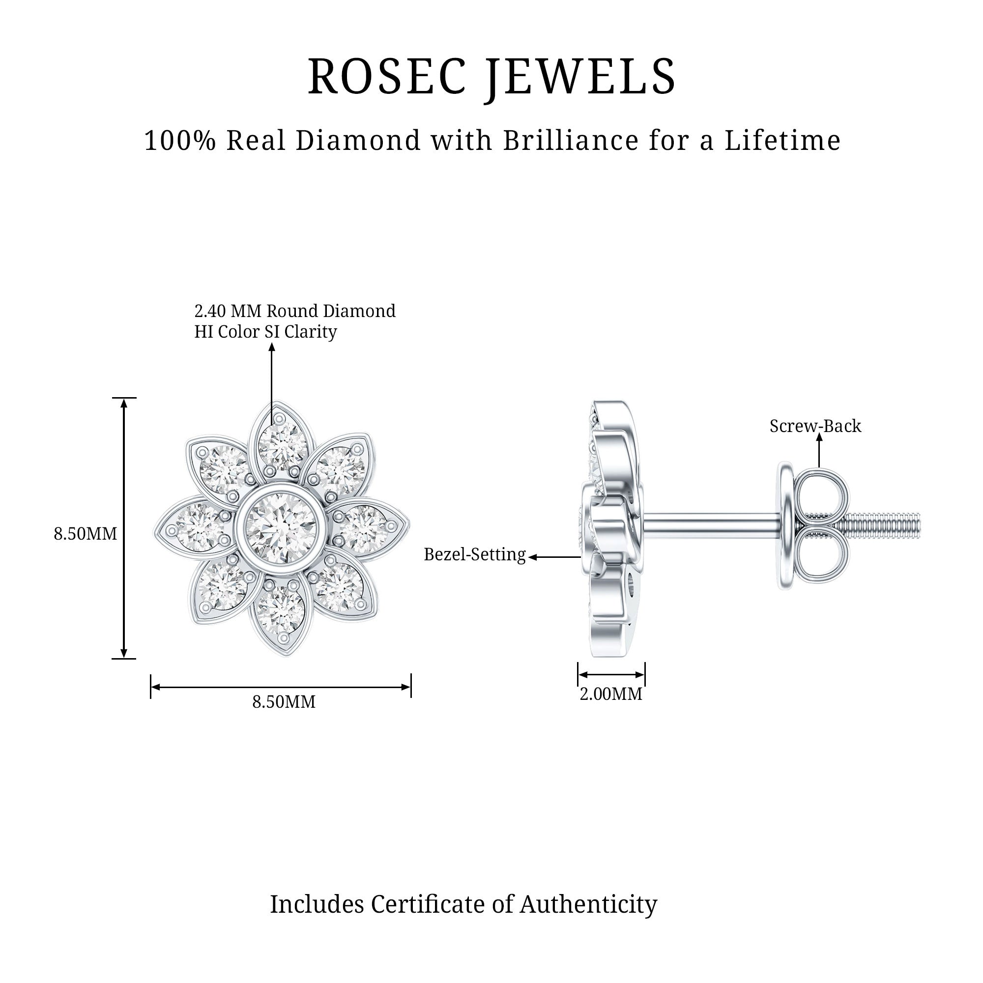 Diamond Flower Stud Earrings With Screw Back Natural - ( HI-SI ) - Rosec Jewels